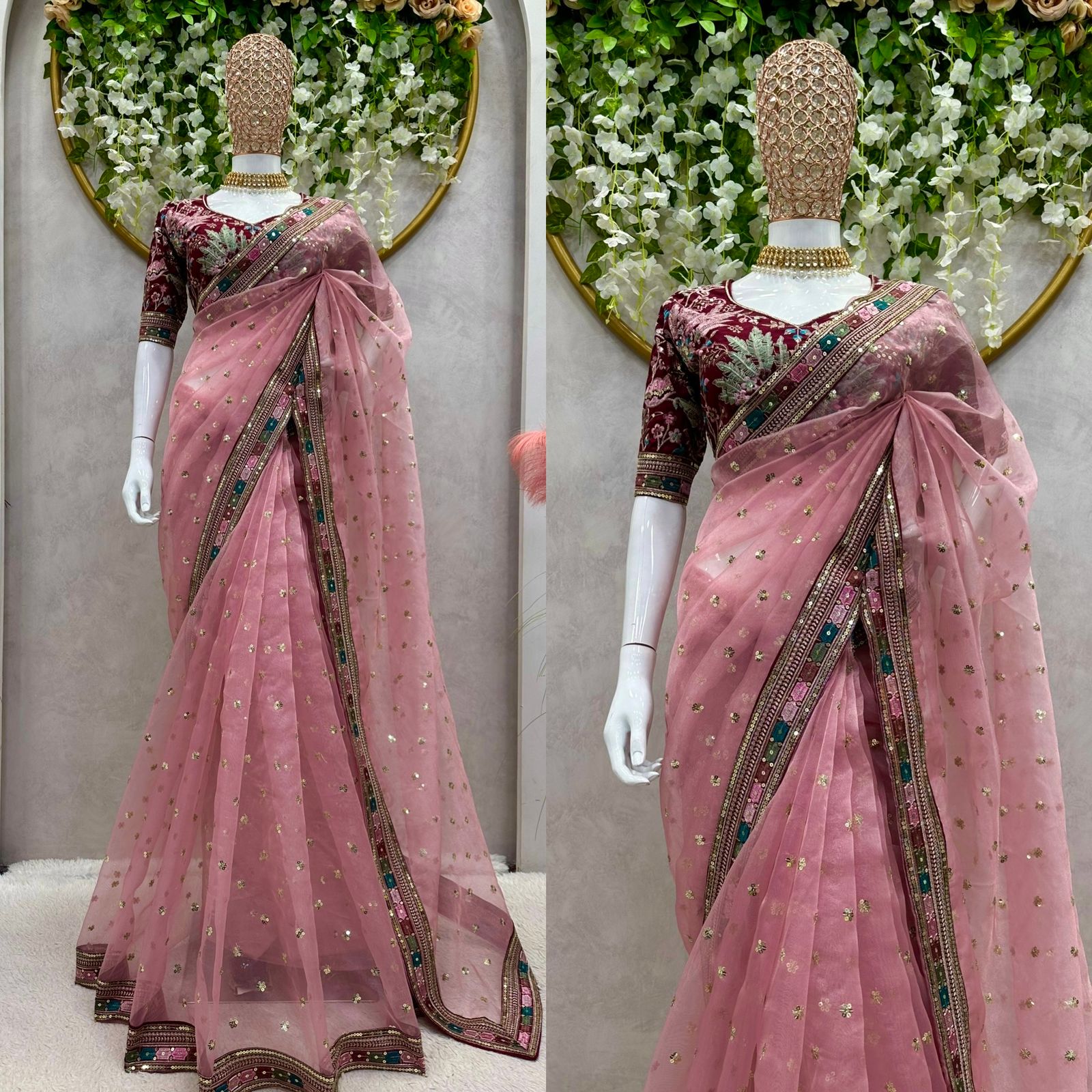 Organza Silk Thread Sequence Work Peach Color Saree