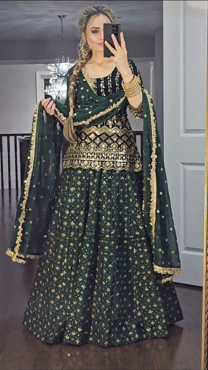 Multi Needle Embroidery Work Green Color Lehenga With Top