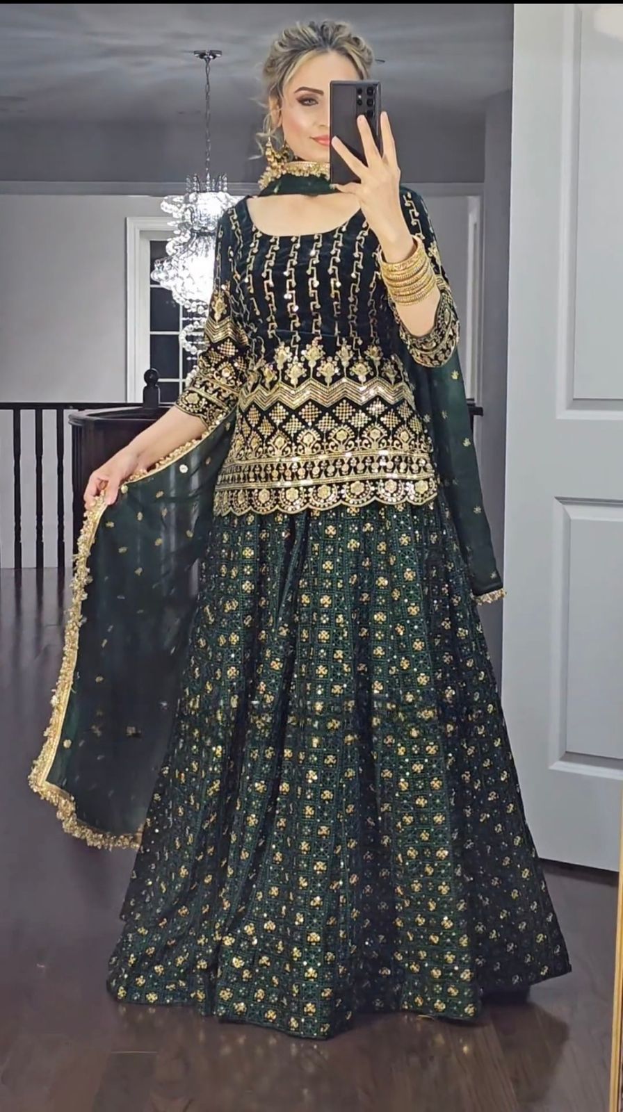 Multi Needle Embroidery Work Green Color Lehenga With Top