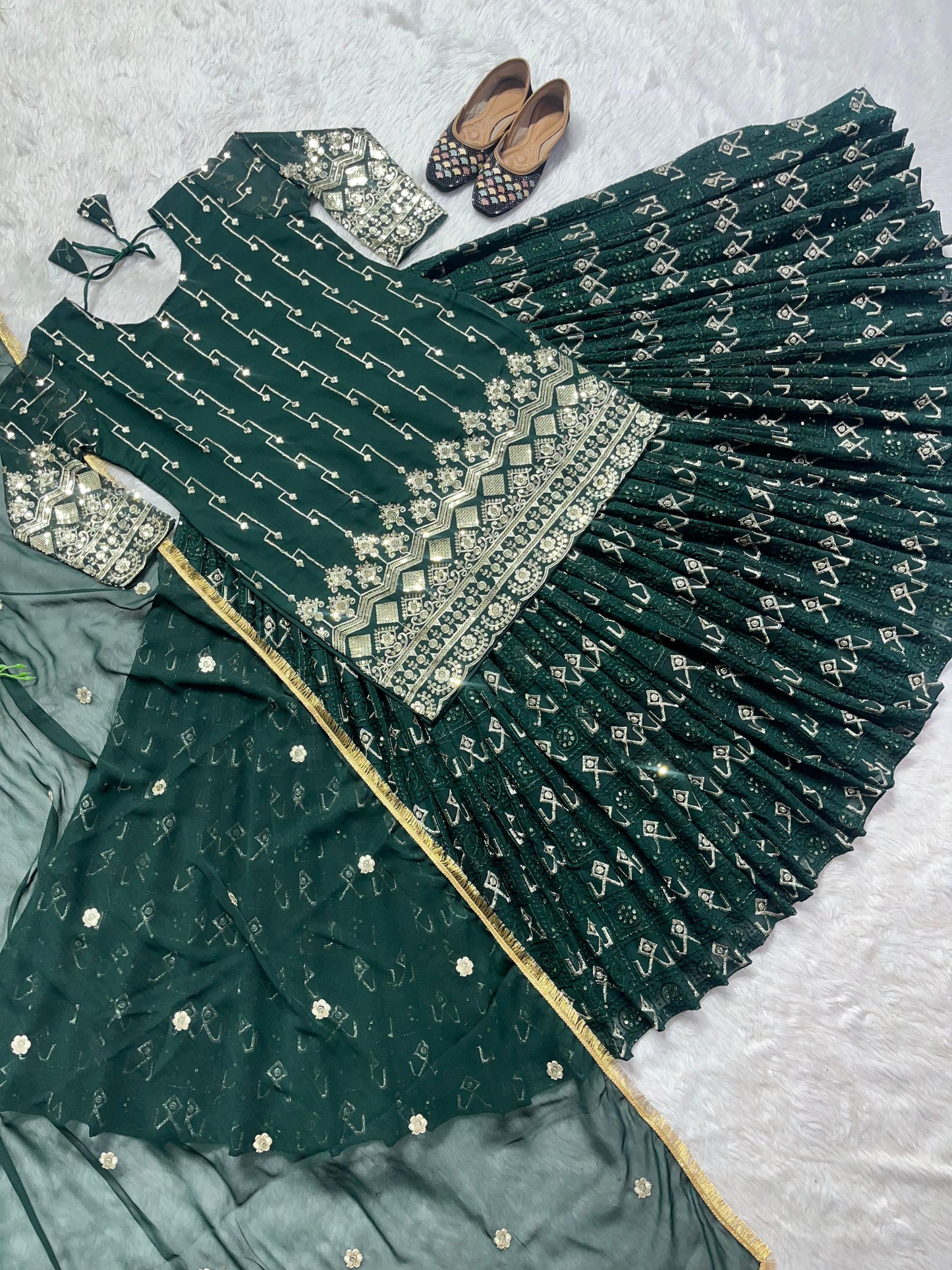 Multi Needle Embroidery Work Green Color Lehenga With Top