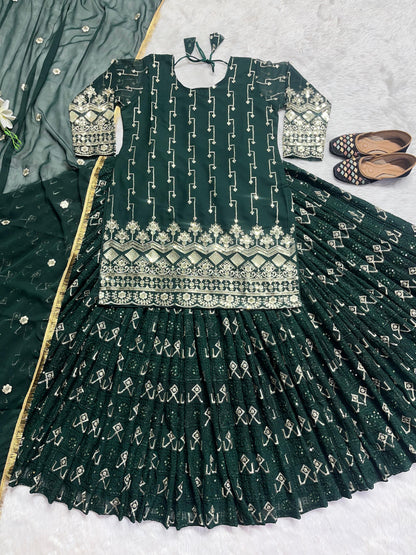 Multi Needle Embroidery Work Green Color Lehenga With Top