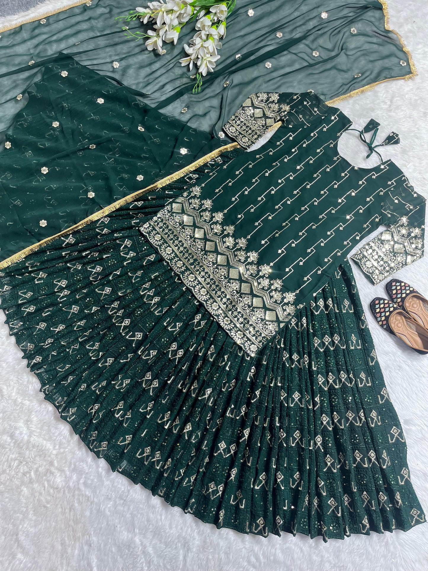 Multi Needle Embroidery Work Green Color Lehenga With Top