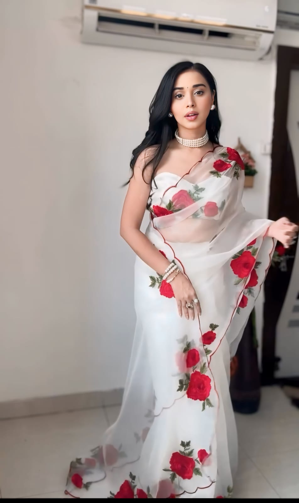 Beautiful Red Flower White Color Ready To Wear Saree