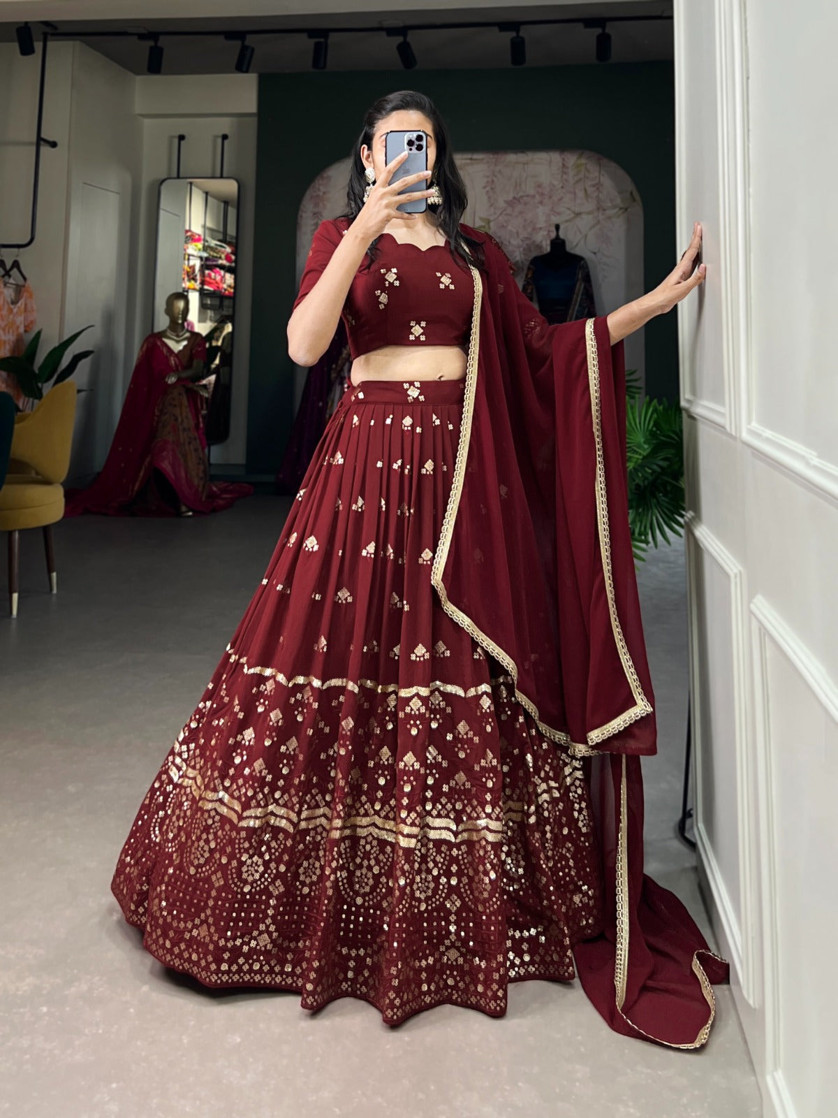 Festive Wear Maroon Color Embroidery Work Lehenga Choli