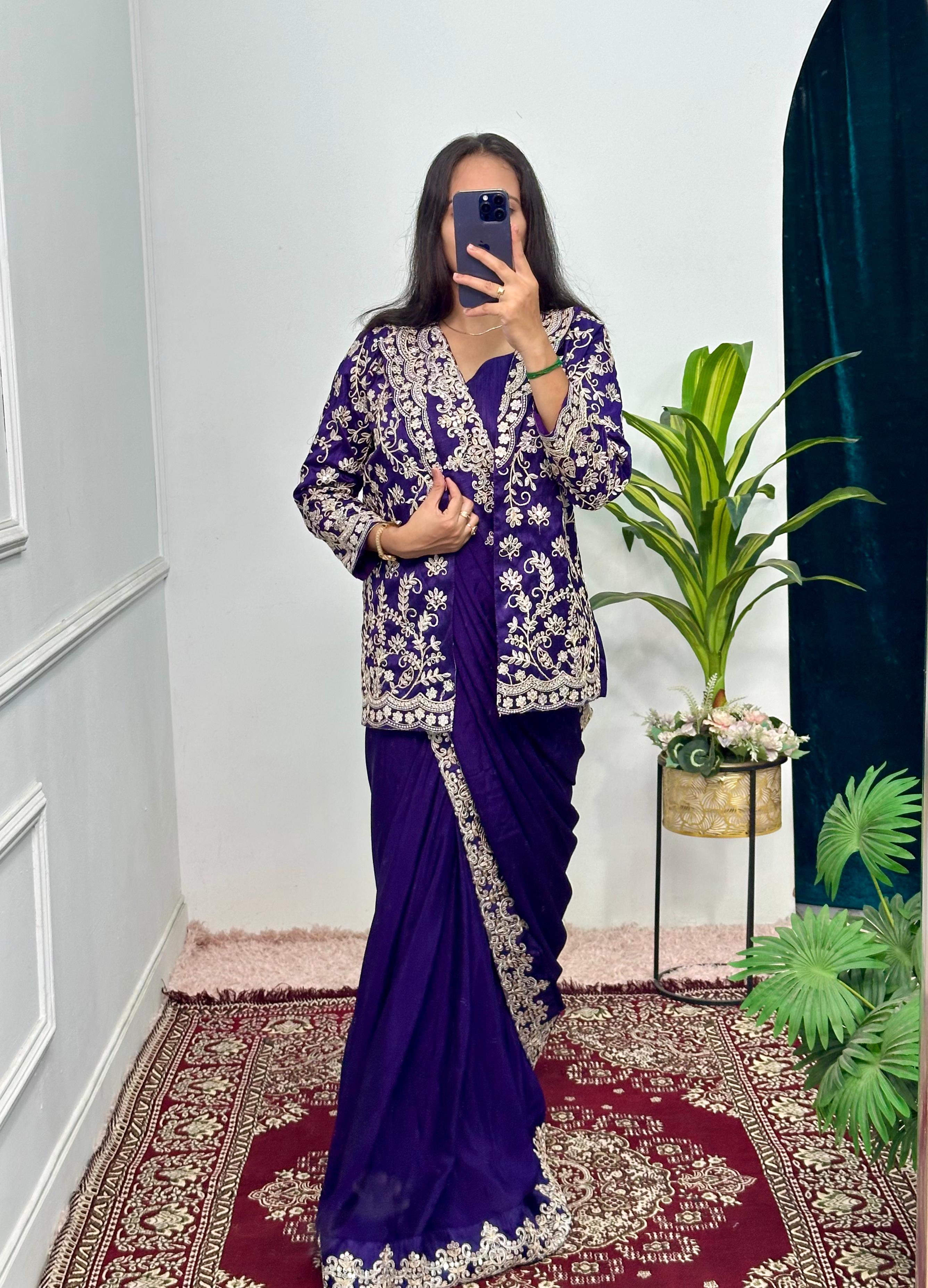 Ready To Wear Purple Saree With Heavy Work Koti