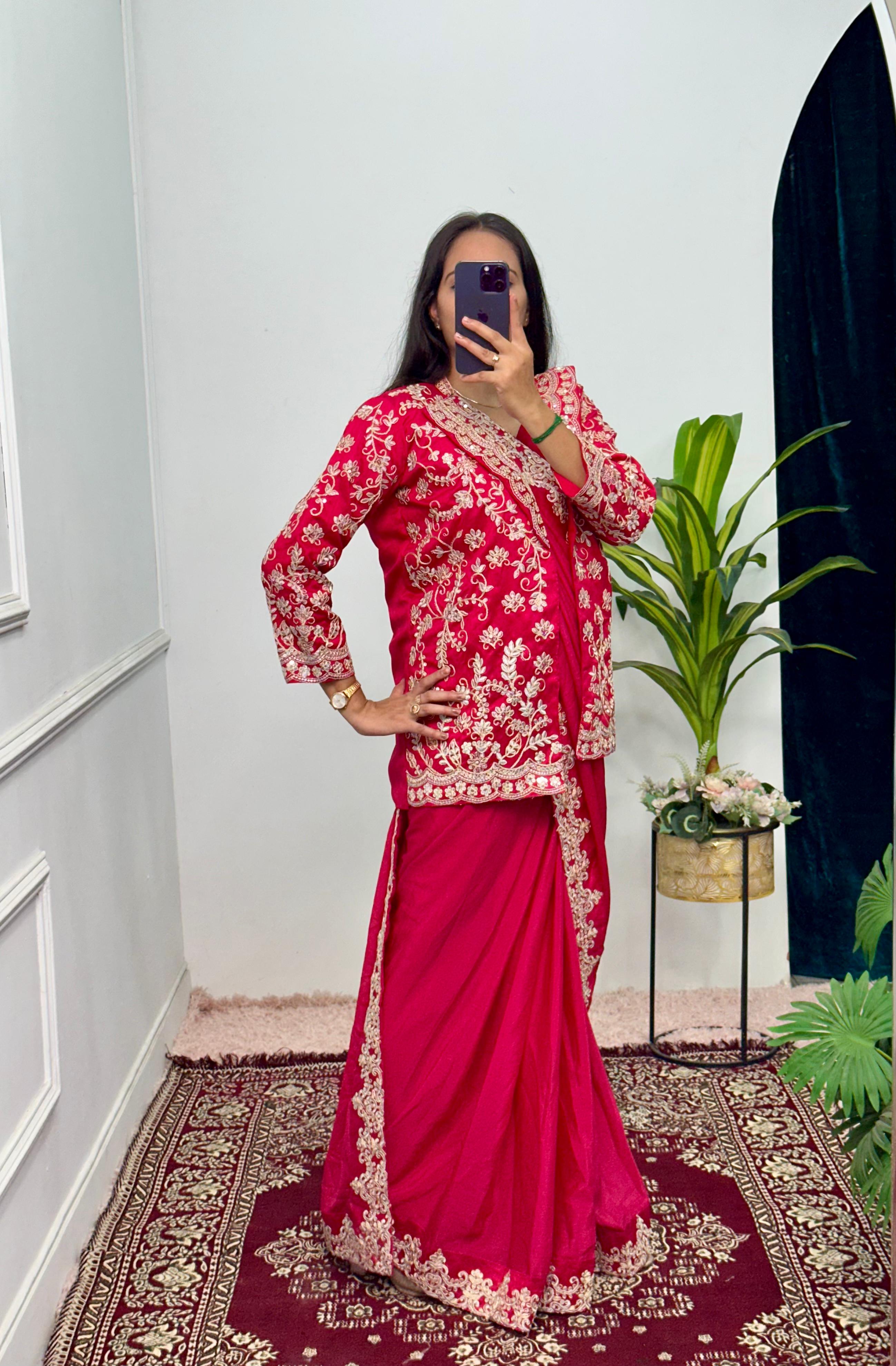 Ready To Wear Pink Saree With Heavy Work Koti