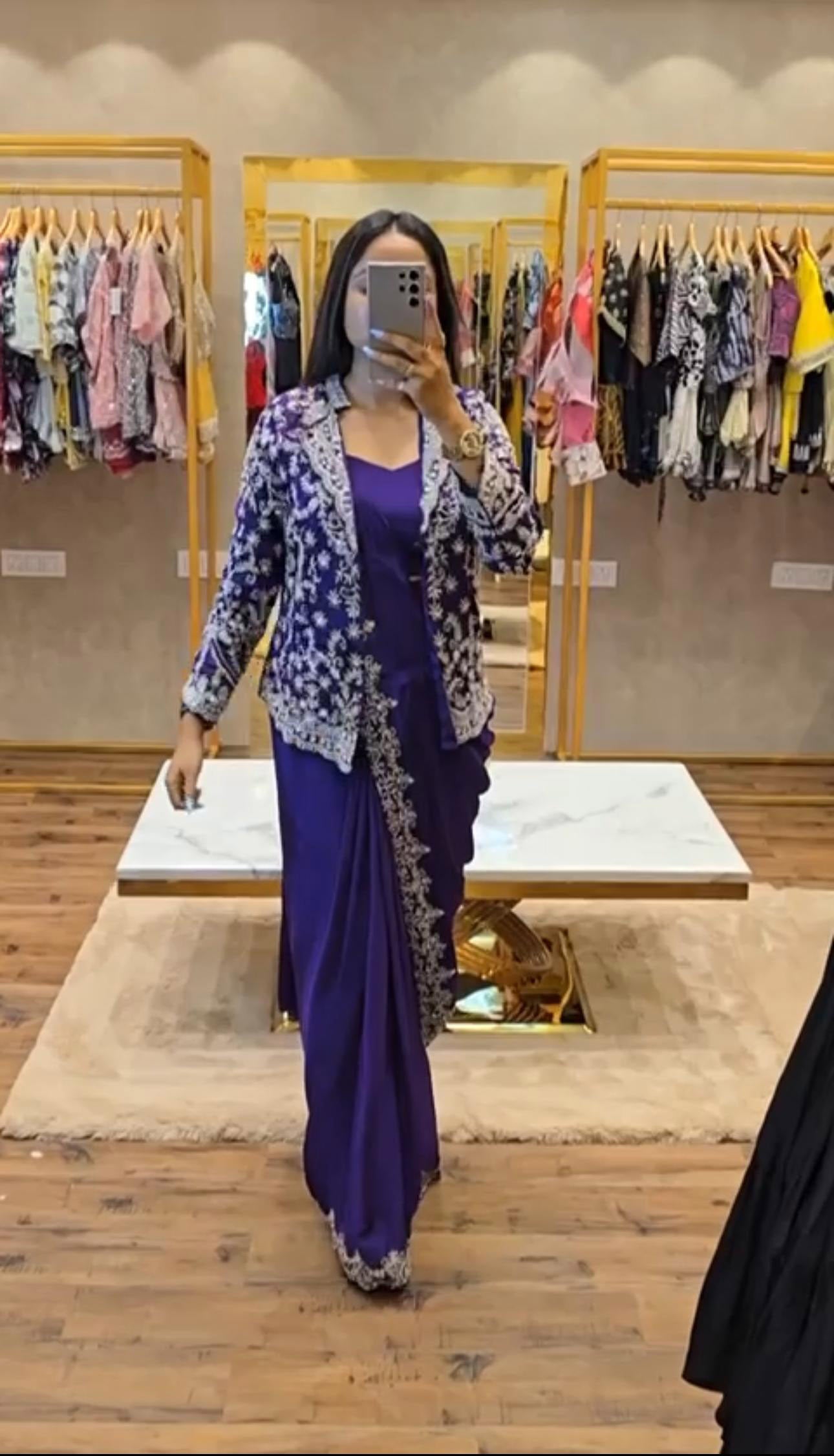 Ready To Wear Purple Saree With Heavy Work Koti