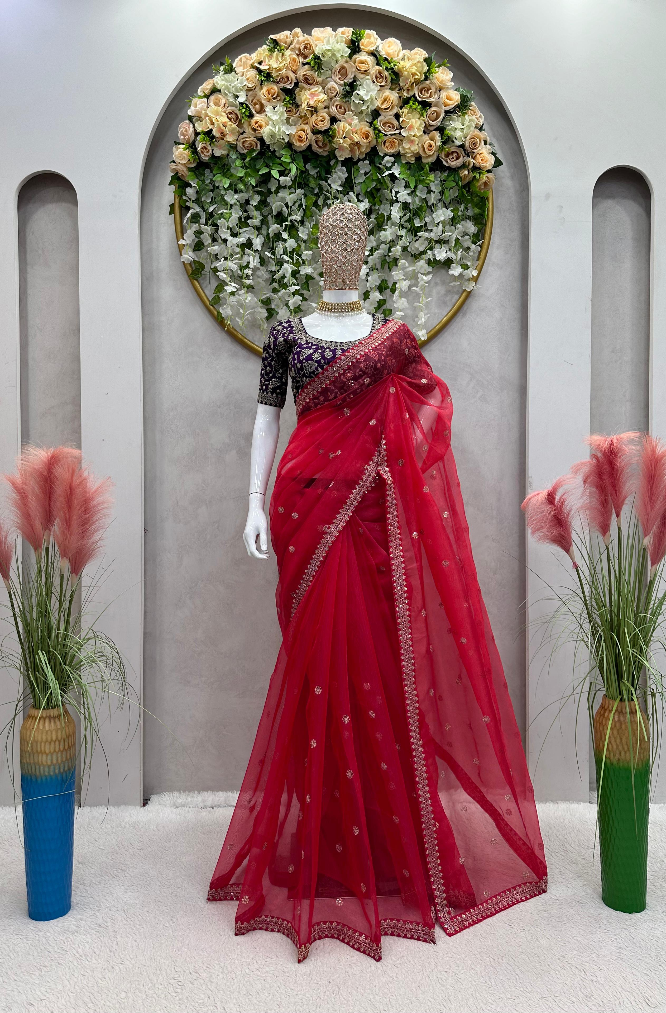 Organza Silk Red Color Sequence Work Saree