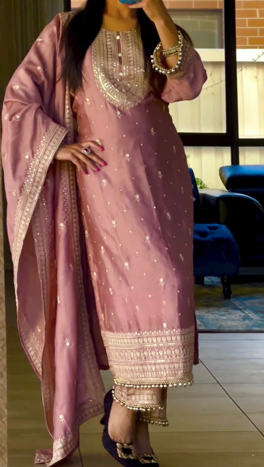 Awesome Dusty Pink Color Shining Work Pakistani Suit