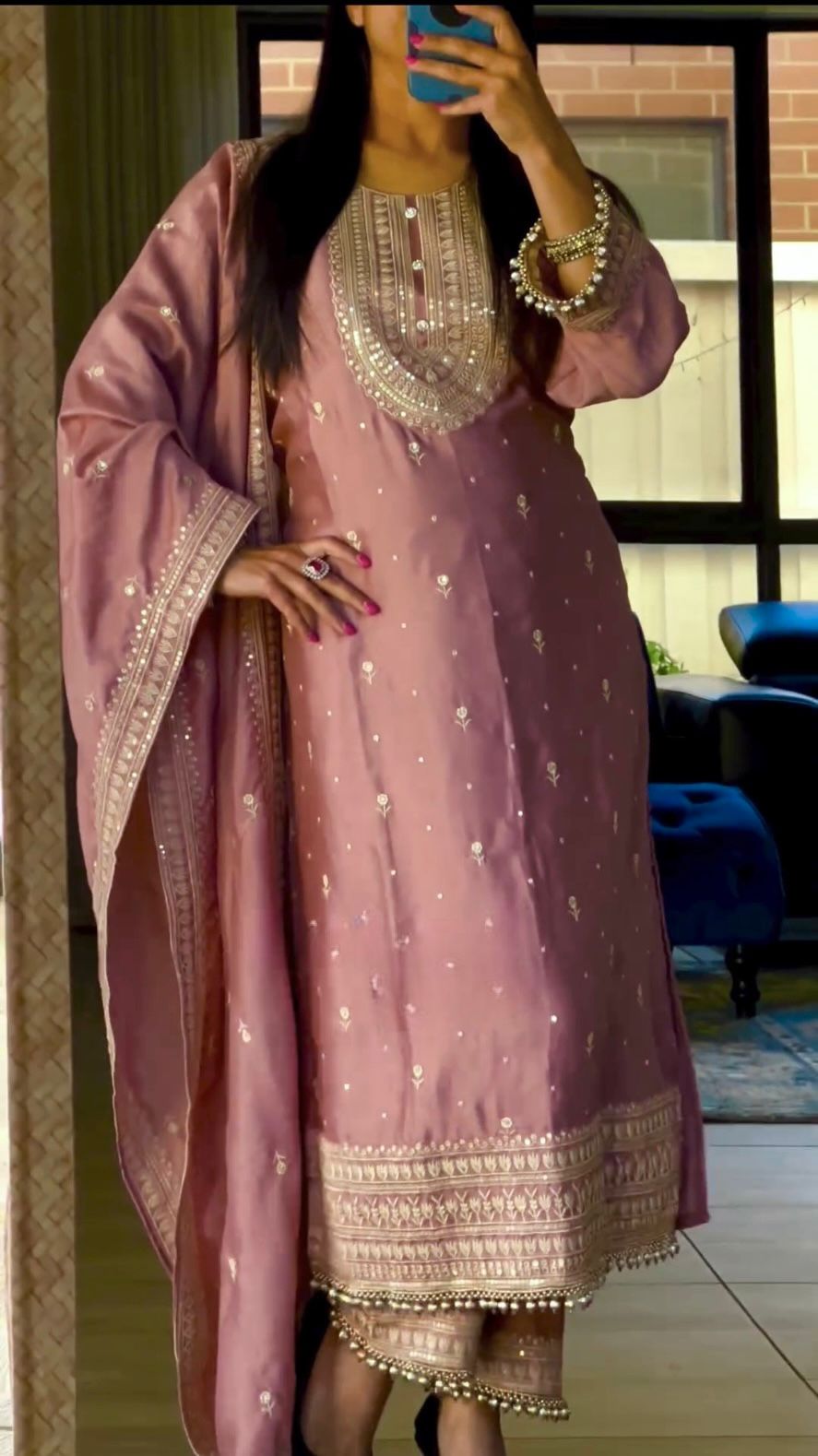 Awesome Dusty Pink Color Shining Work Pakistani Suit