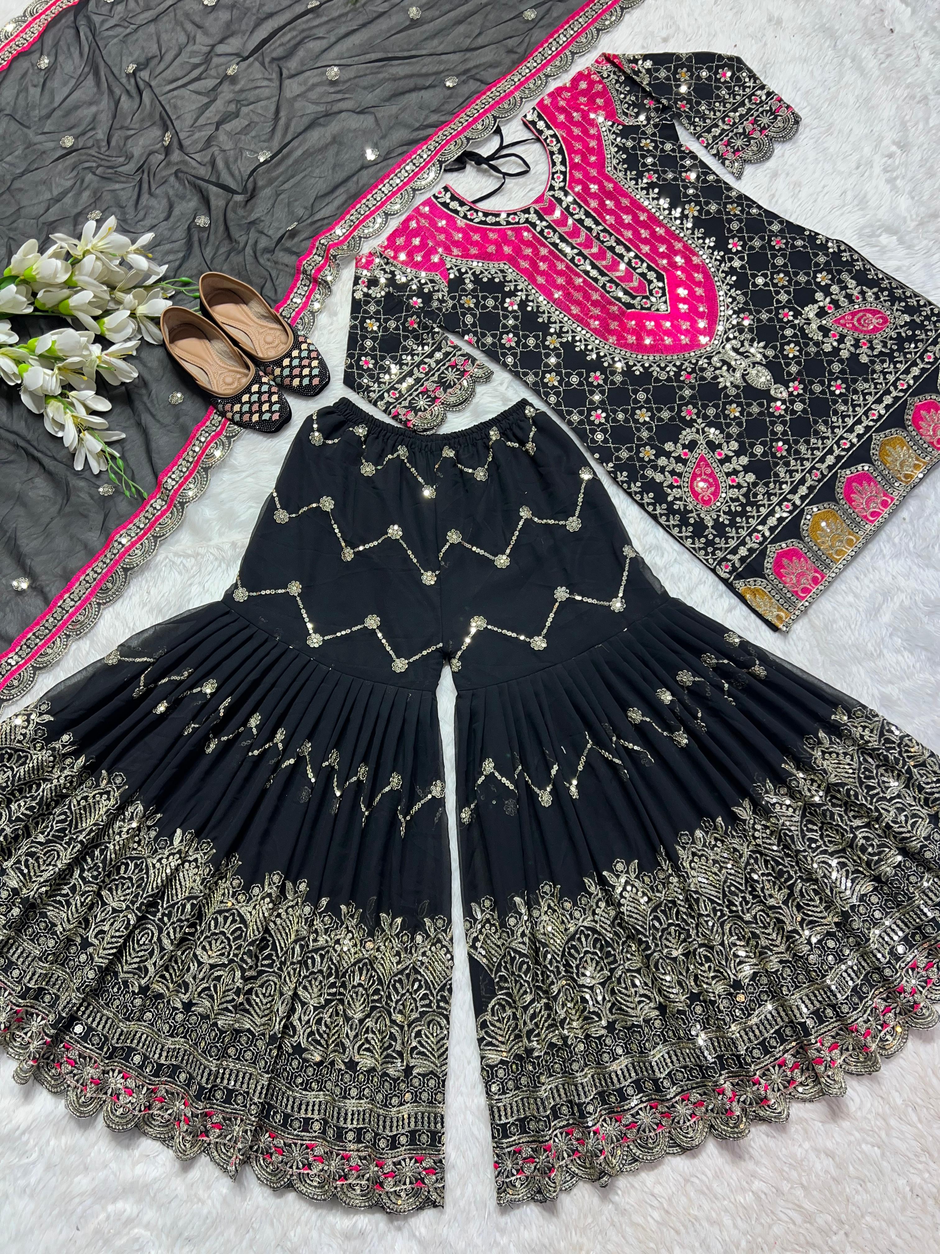 Wedding Wear Full Sleeve Black Color Heavy Sharara Suit