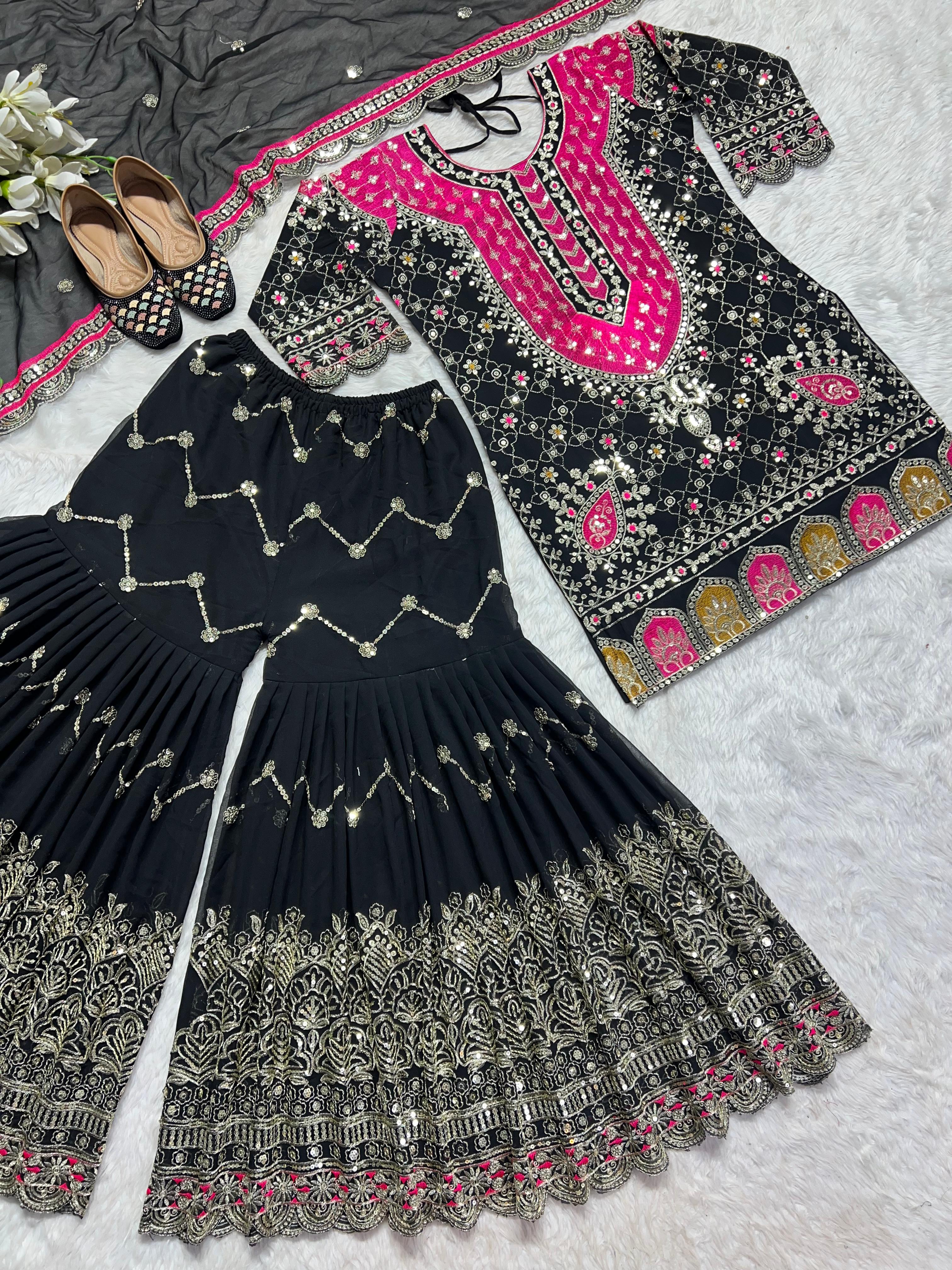 Wedding Wear Full Sleeve Black Color Heavy Sharara Suit