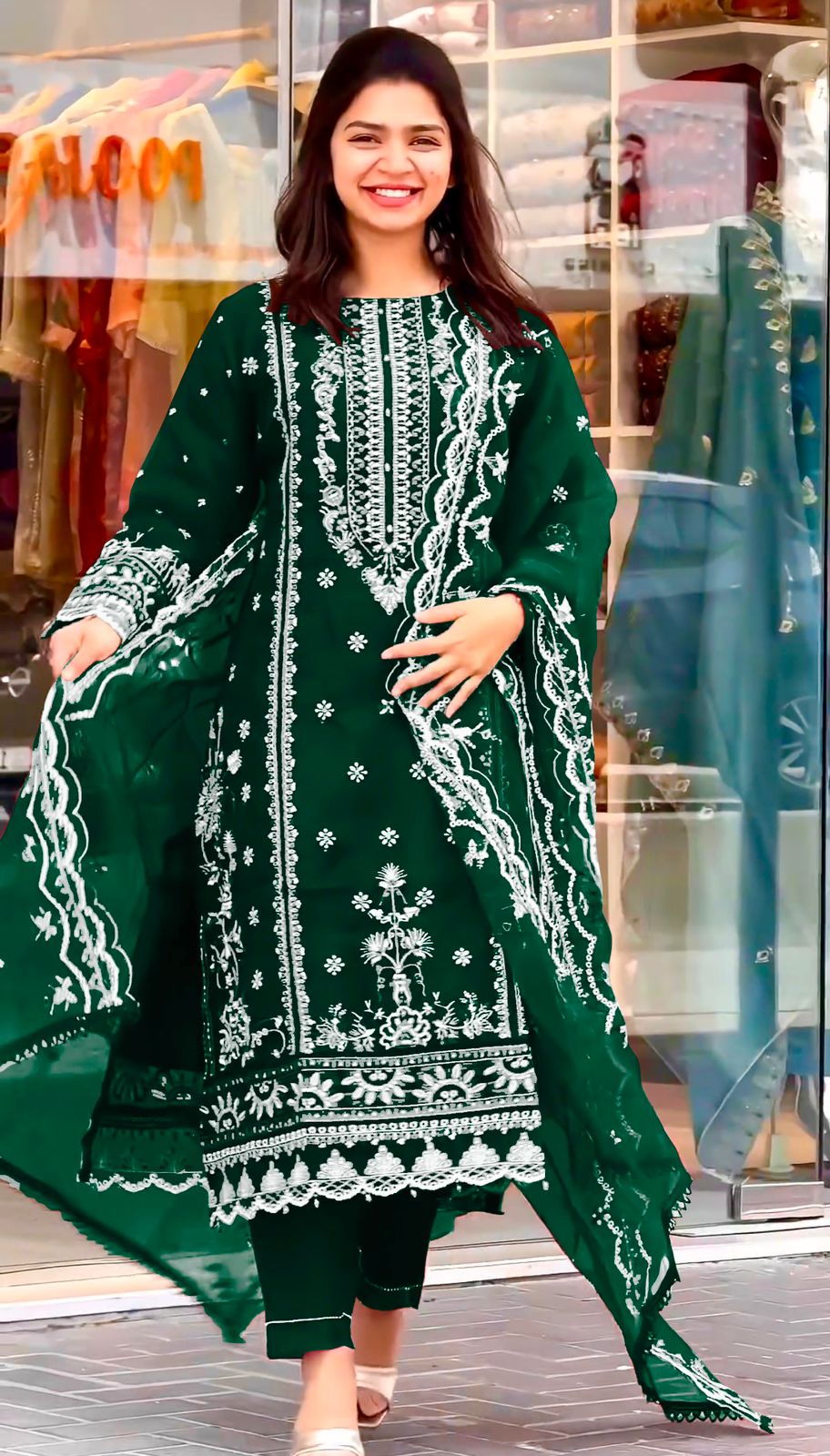 Green Color Embroidery Work Organza Pakistani Suit