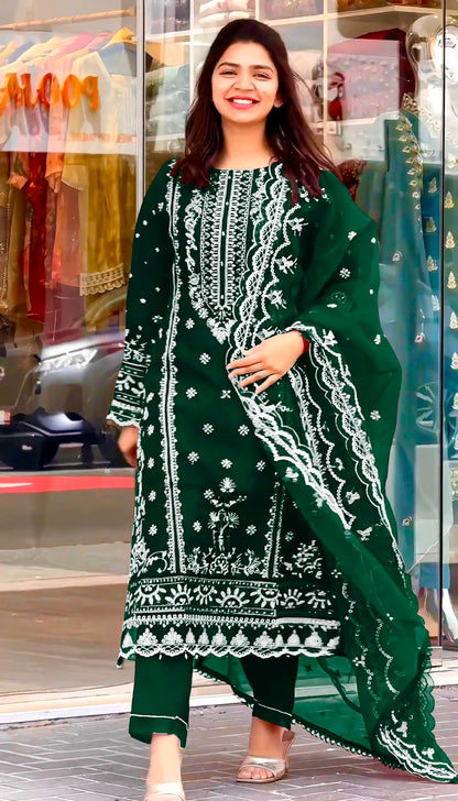 Green Color Embroidery Work Organza Pakistani Suit