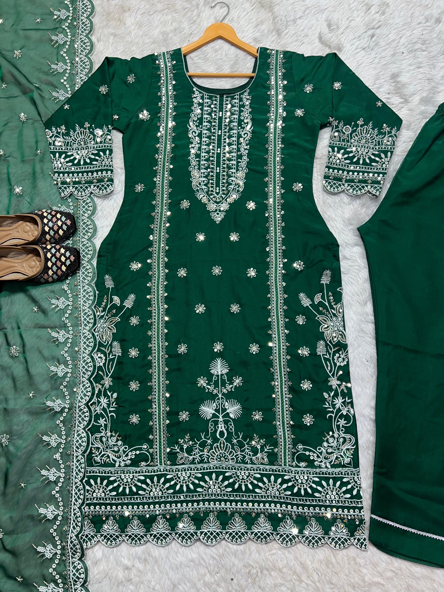 Green Color Embroidery Work Organza Pakistani Suit