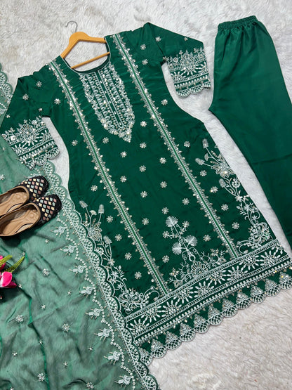 Green Color Embroidery Work Organza Pakistani Suit