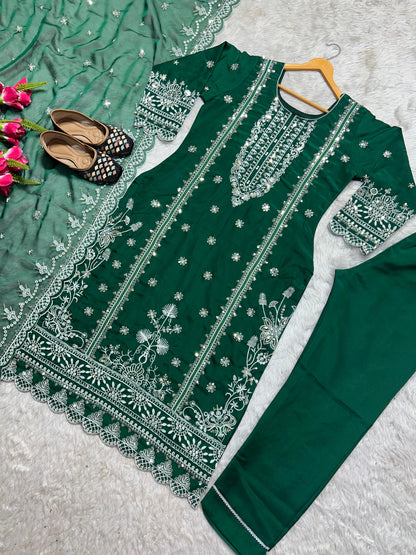 Green Color Embroidery Work Organza Pakistani Suit