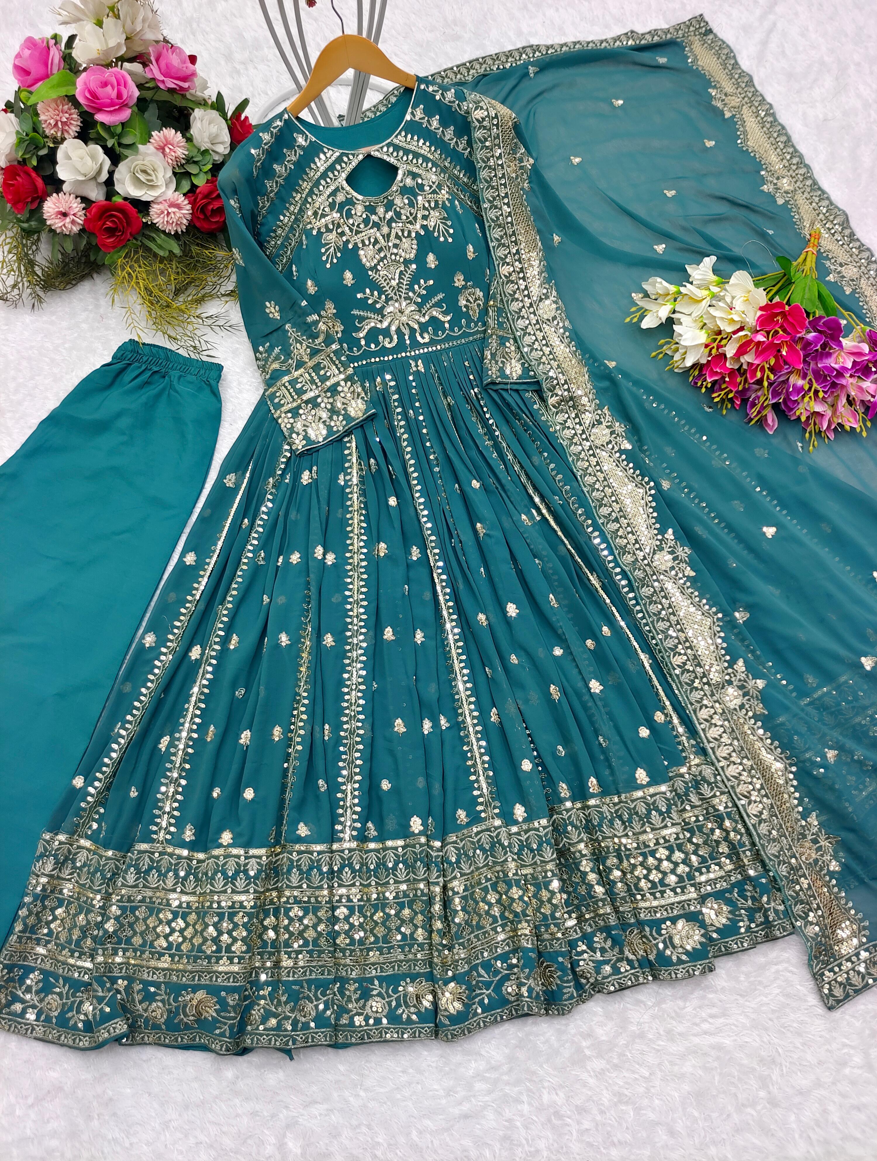 Designer Teal Blue Color Heavy Work Anarkali Gown