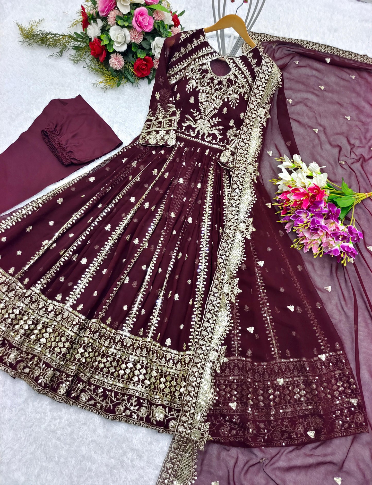 Designer Wine Color Heavy Work Anarkali Gown