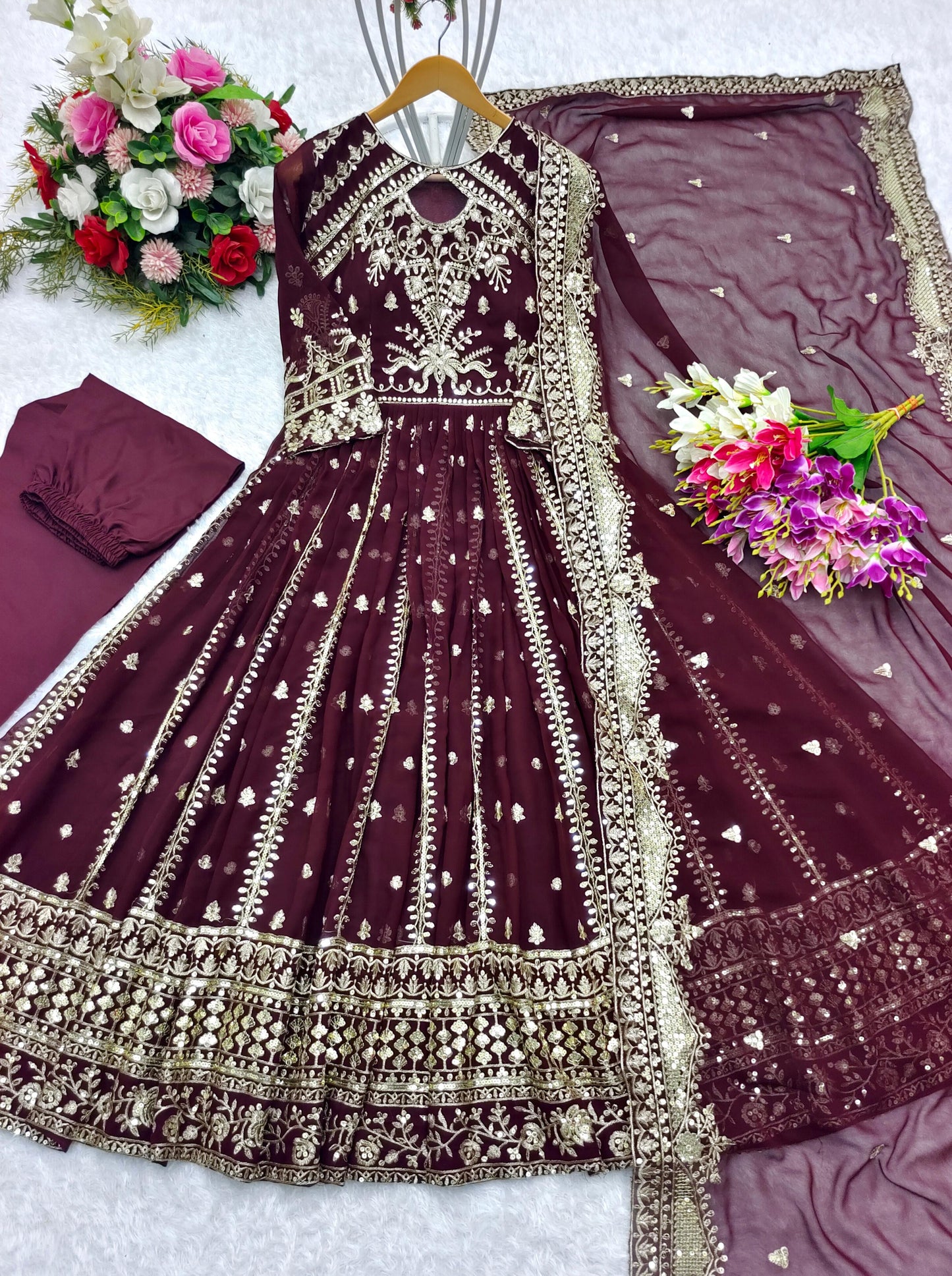 Designer Wine Color Heavy Work Anarkali Gown