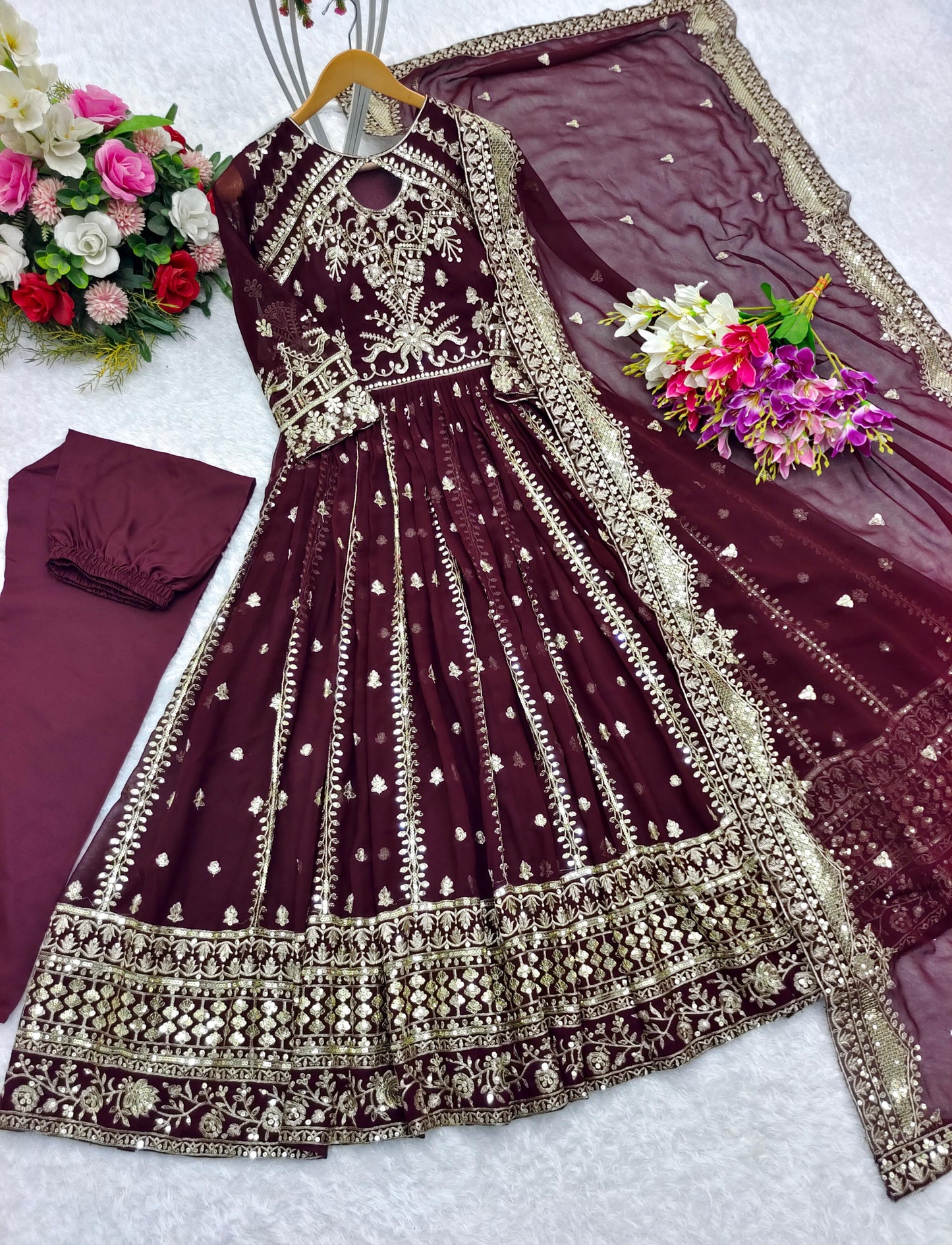 Designer Wine Color Heavy Work Anarkali Gown