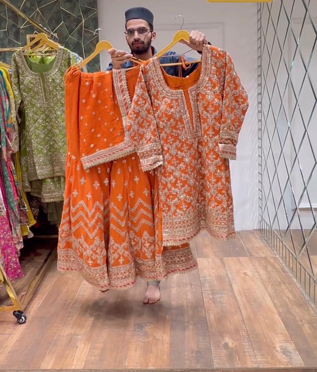 Shining Heavy Work Orange Pakistani Sharara Suit