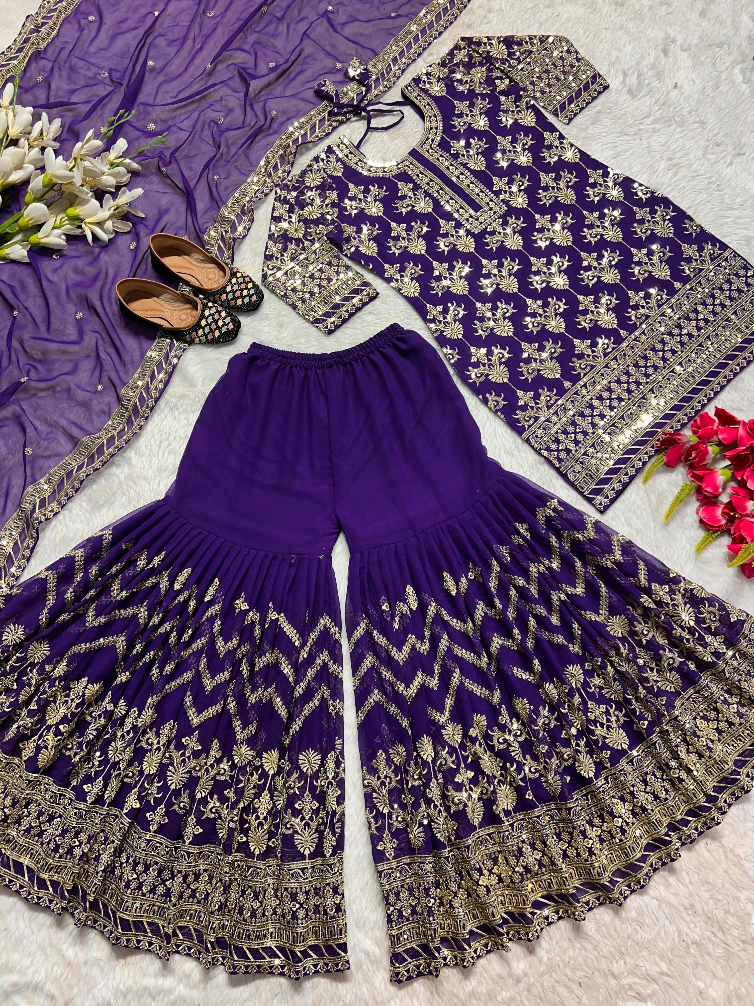 Shining Heavy Work Purple Pakistani Sharara Suit