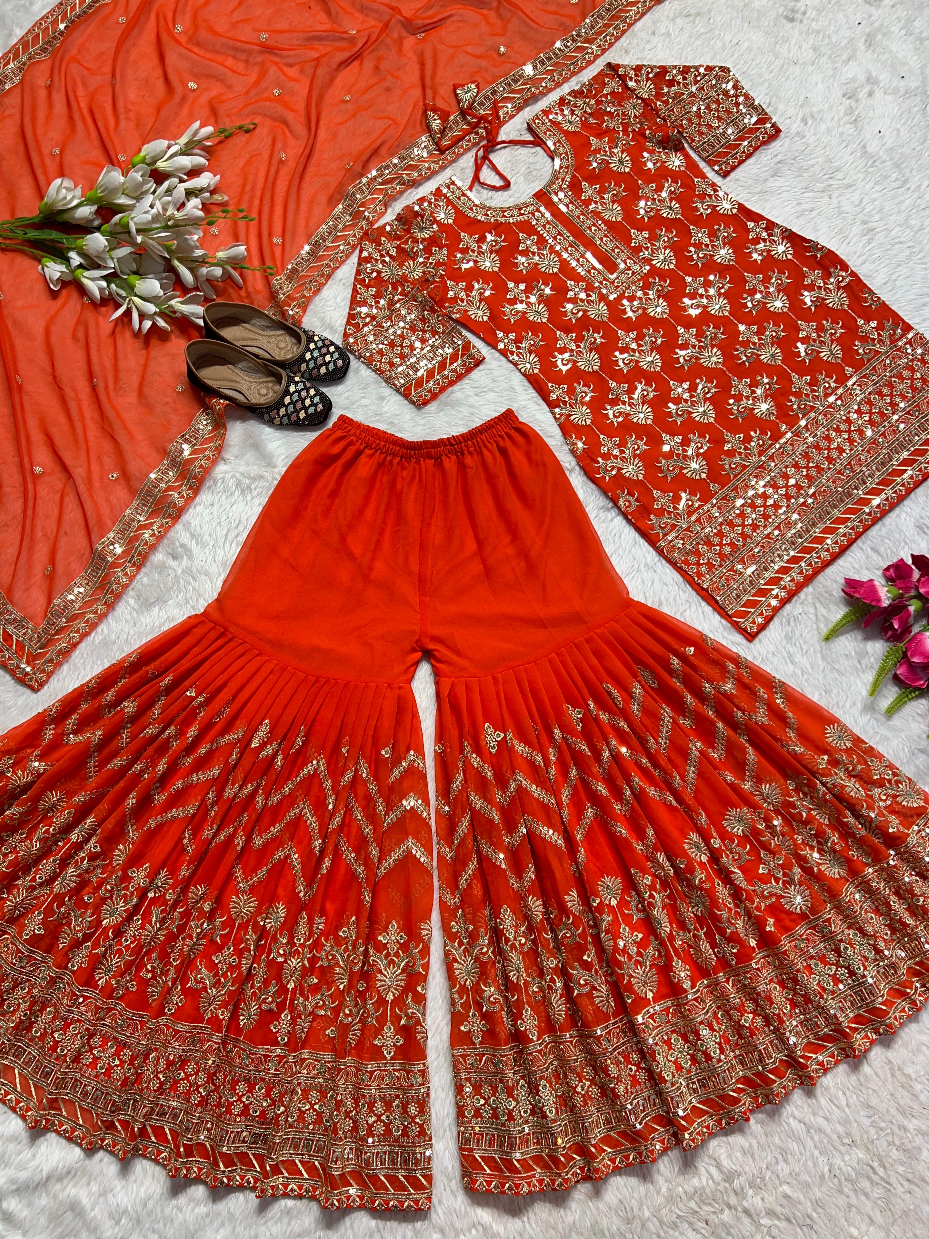 Shining Heavy Work Orange Pakistani Sharara Suit