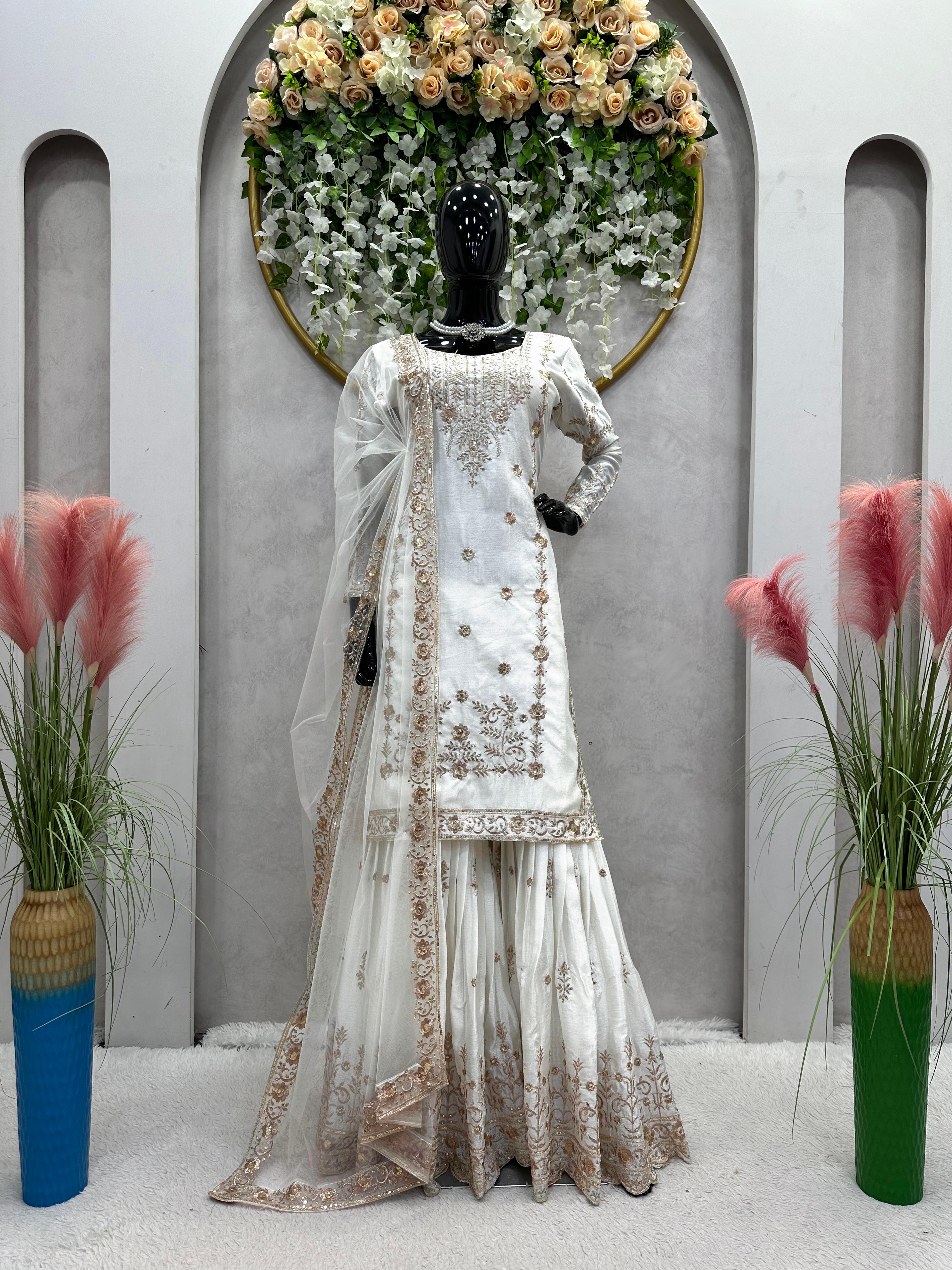 Festive Wear White Color Sequence Work Sharara Suit