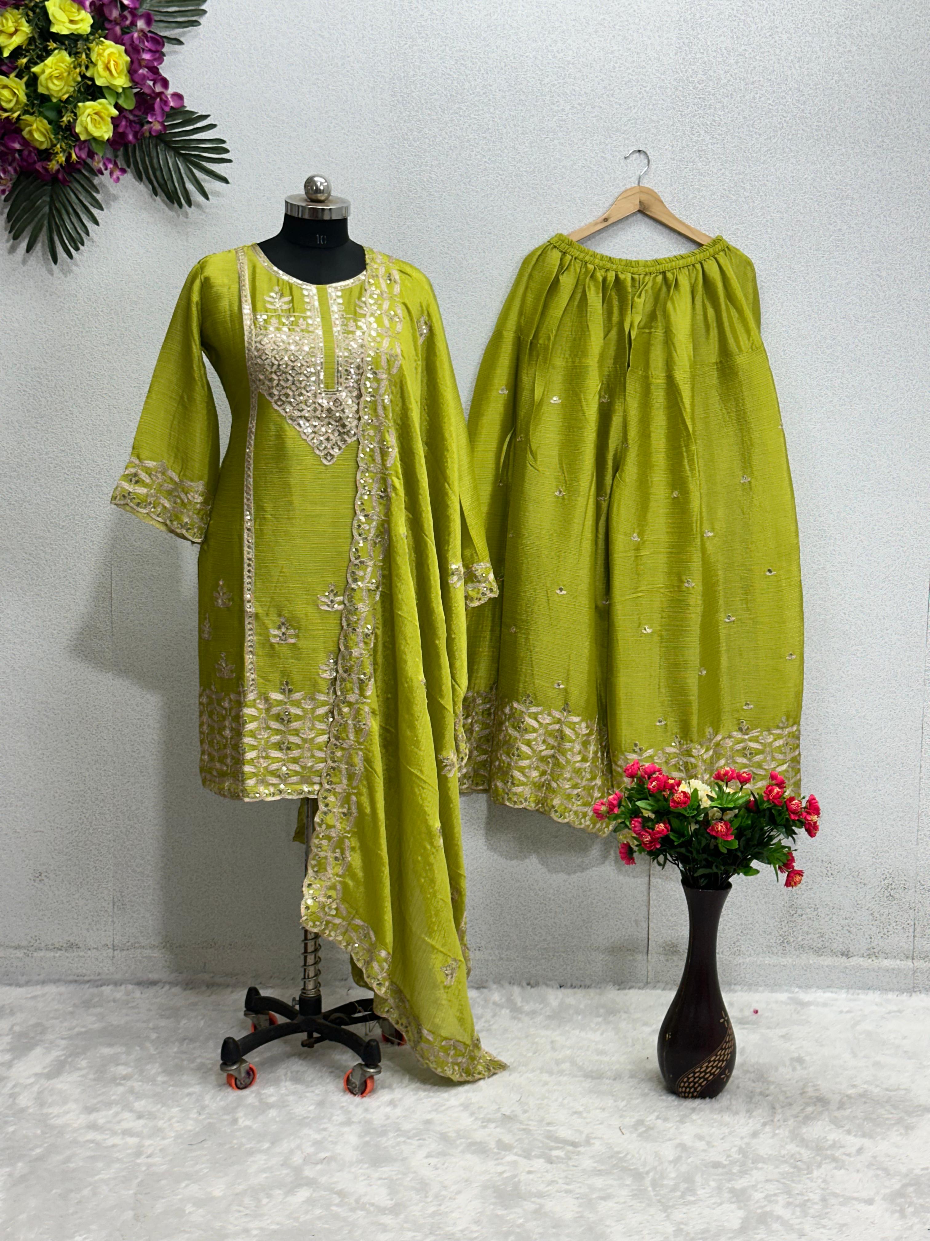 Unique Heavy Chine Sequins Work Green Color Sharara Suit