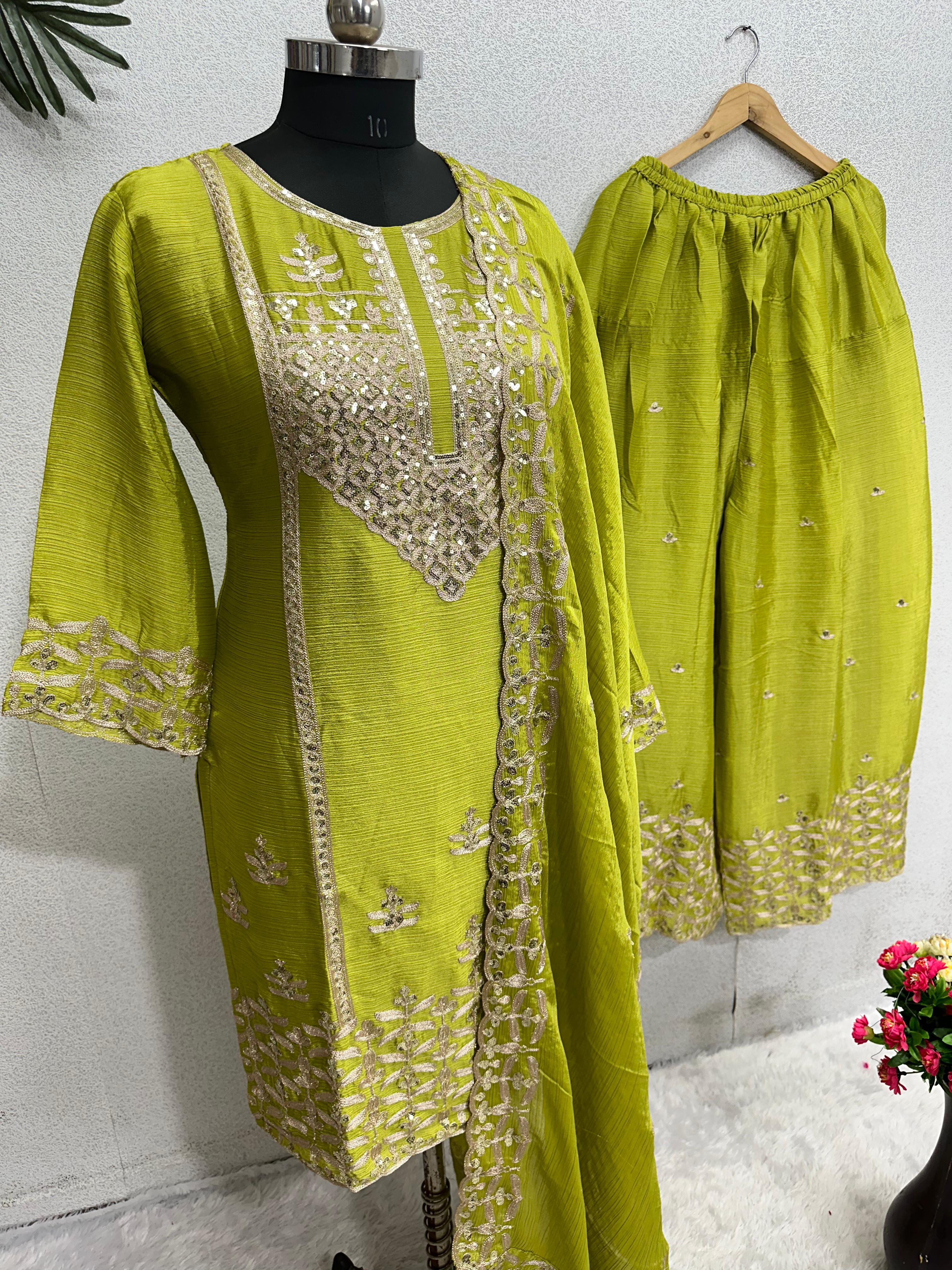 Unique Heavy Chine Sequins Work Green Color Sharara Suit