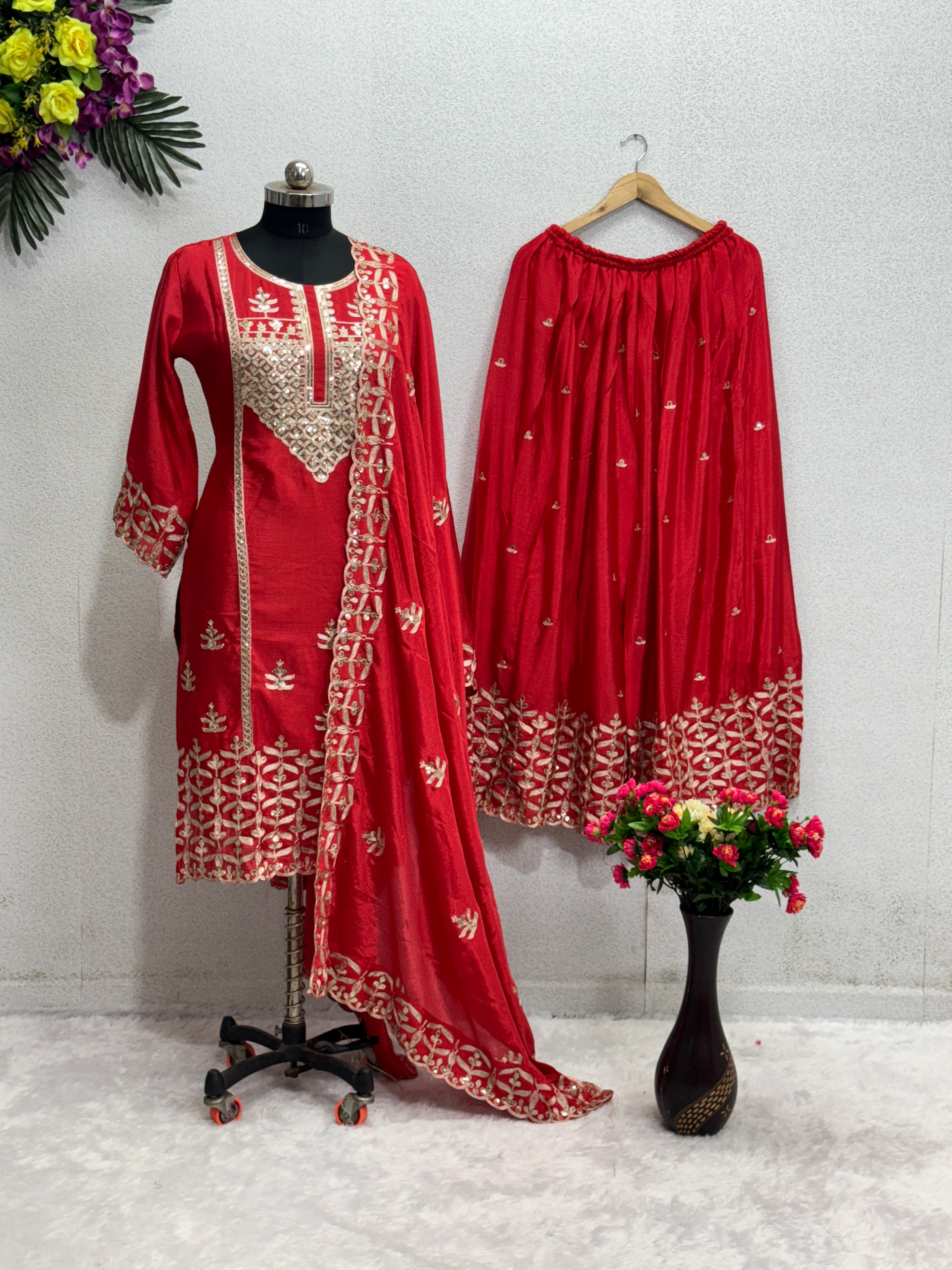 Unique Heavy Chine Sequins Work Red Color Sharara Suit