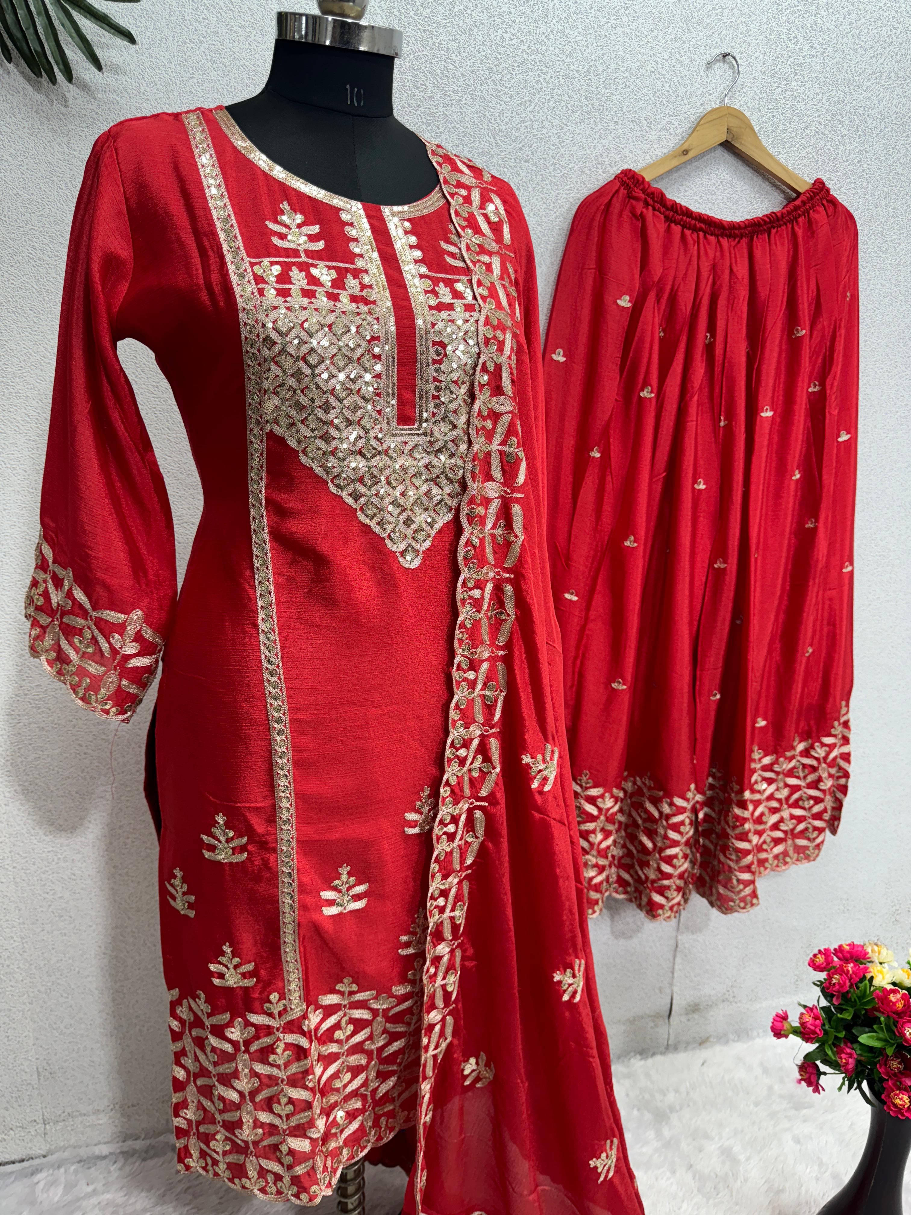 Unique Heavy Chine Sequins Work Red Color Sharara Suit