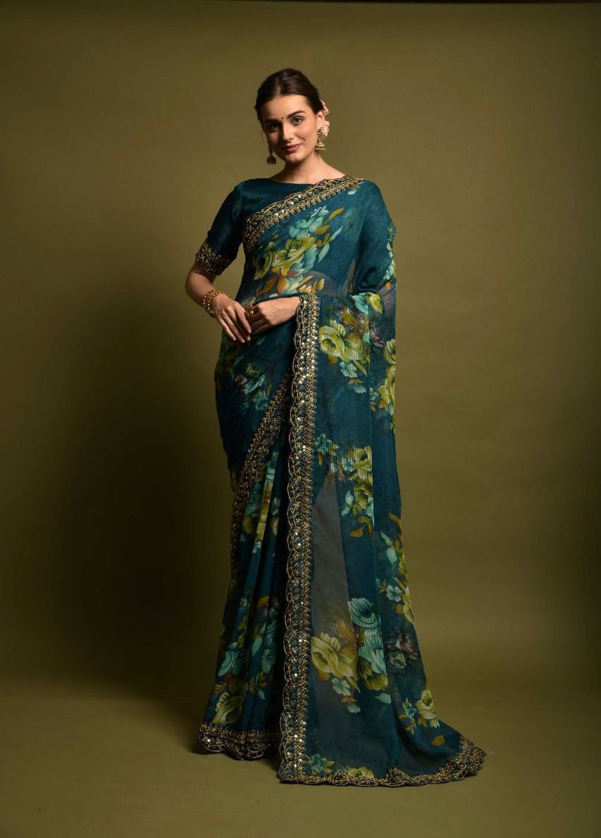 Beautiful Floral Print Design Teal Blue Color Saree