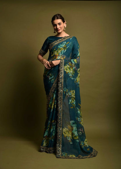 Beautiful Floral Print Design Teal Blue Color Saree