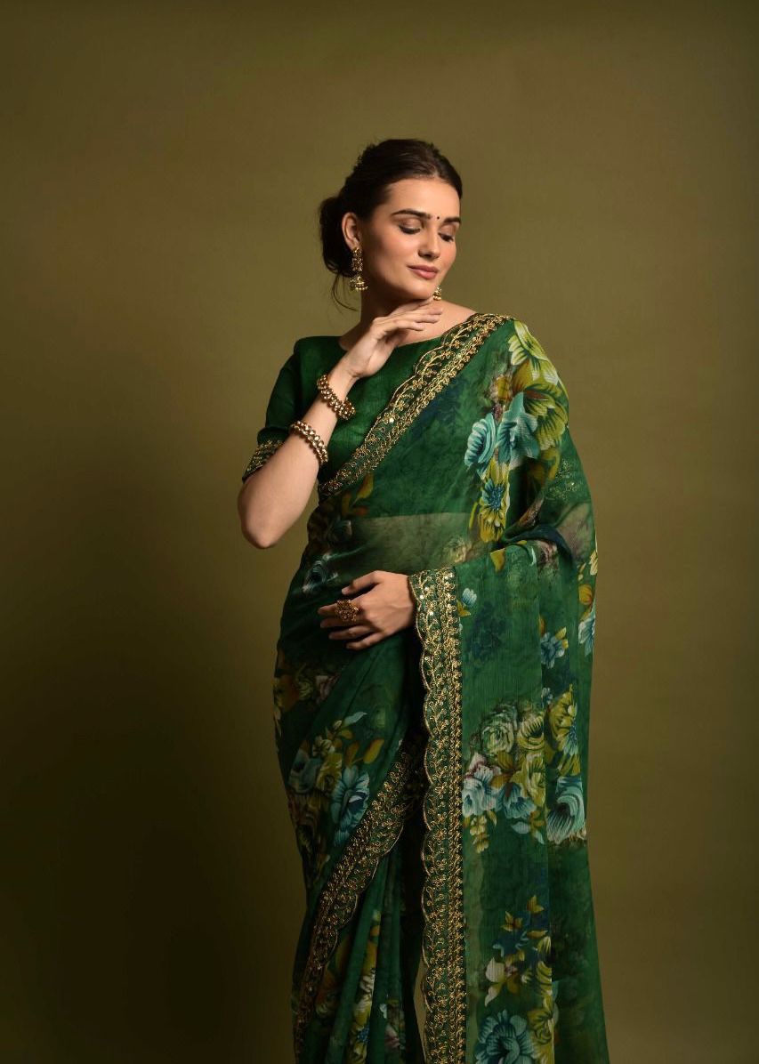 Beautiful Floral Print Design Green Color Saree