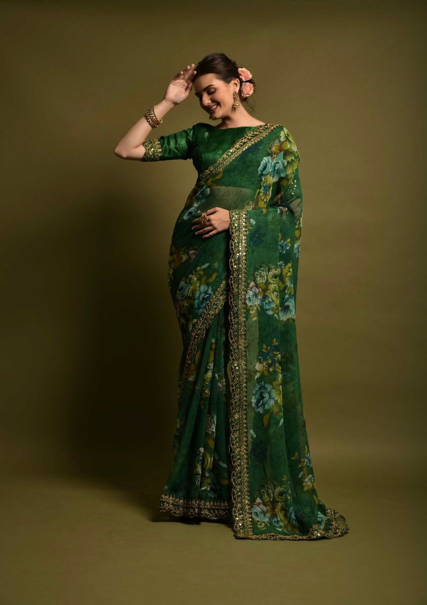 Beautiful Floral Print Design Green Color Saree