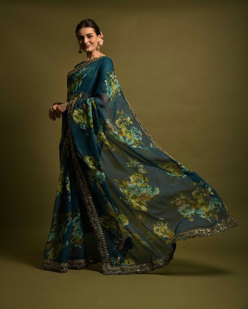 Beautiful Floral Print Design Teal Blue Color Saree