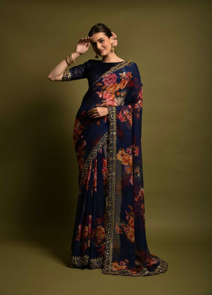 Beautiful Floral Print Design Blue Color Saree