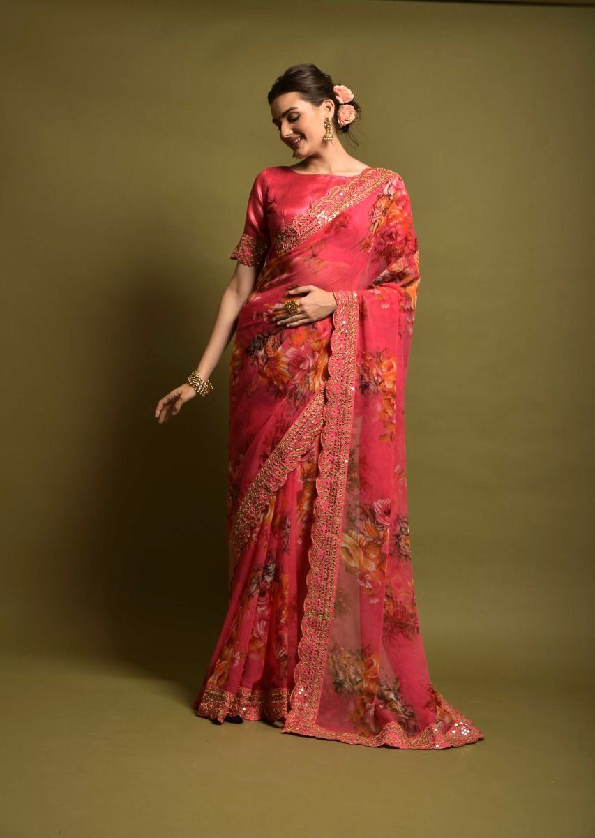 Beautiful Floral Print Design Pink Color Saree