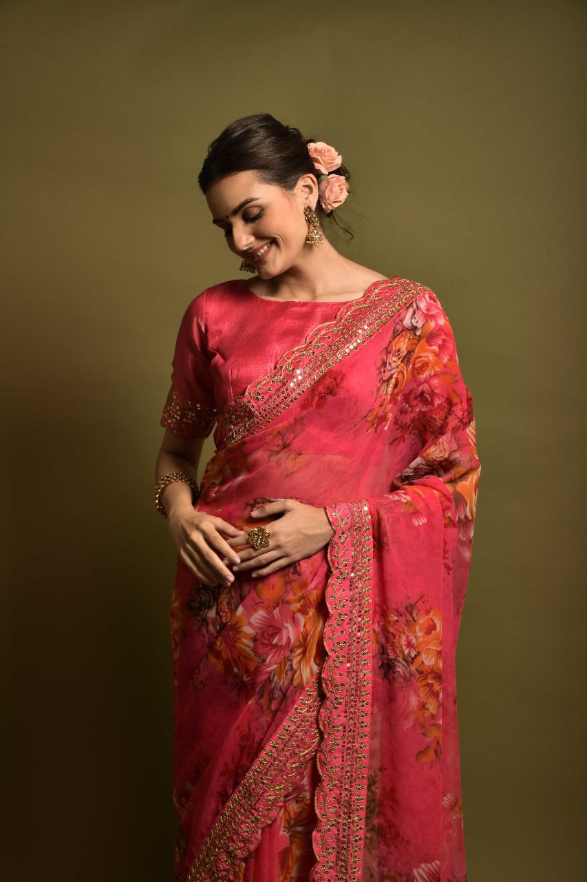 Beautiful Floral Print Design Pink Color Saree