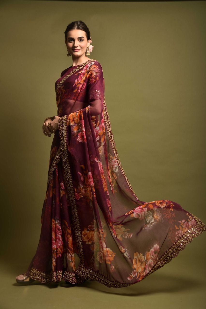 Beautiful Floral Print Design Wine Color Saree