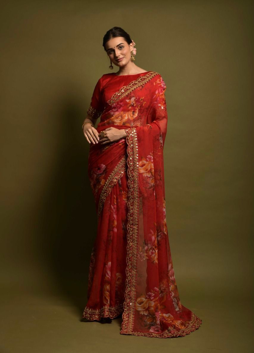 Beautiful Floral Print Design Maroon Color Saree