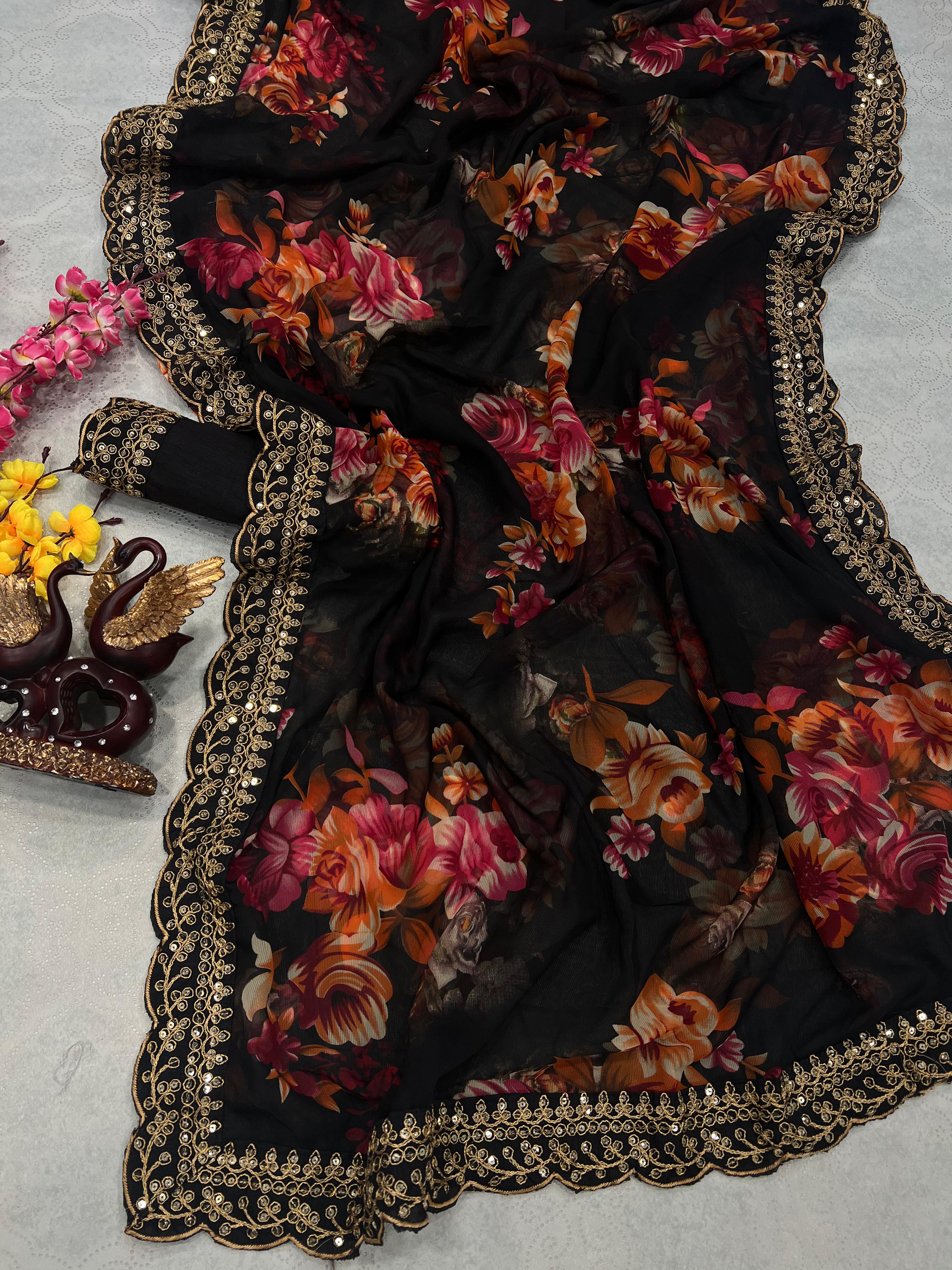 Beautiful Floral Print Design Black Color Saree