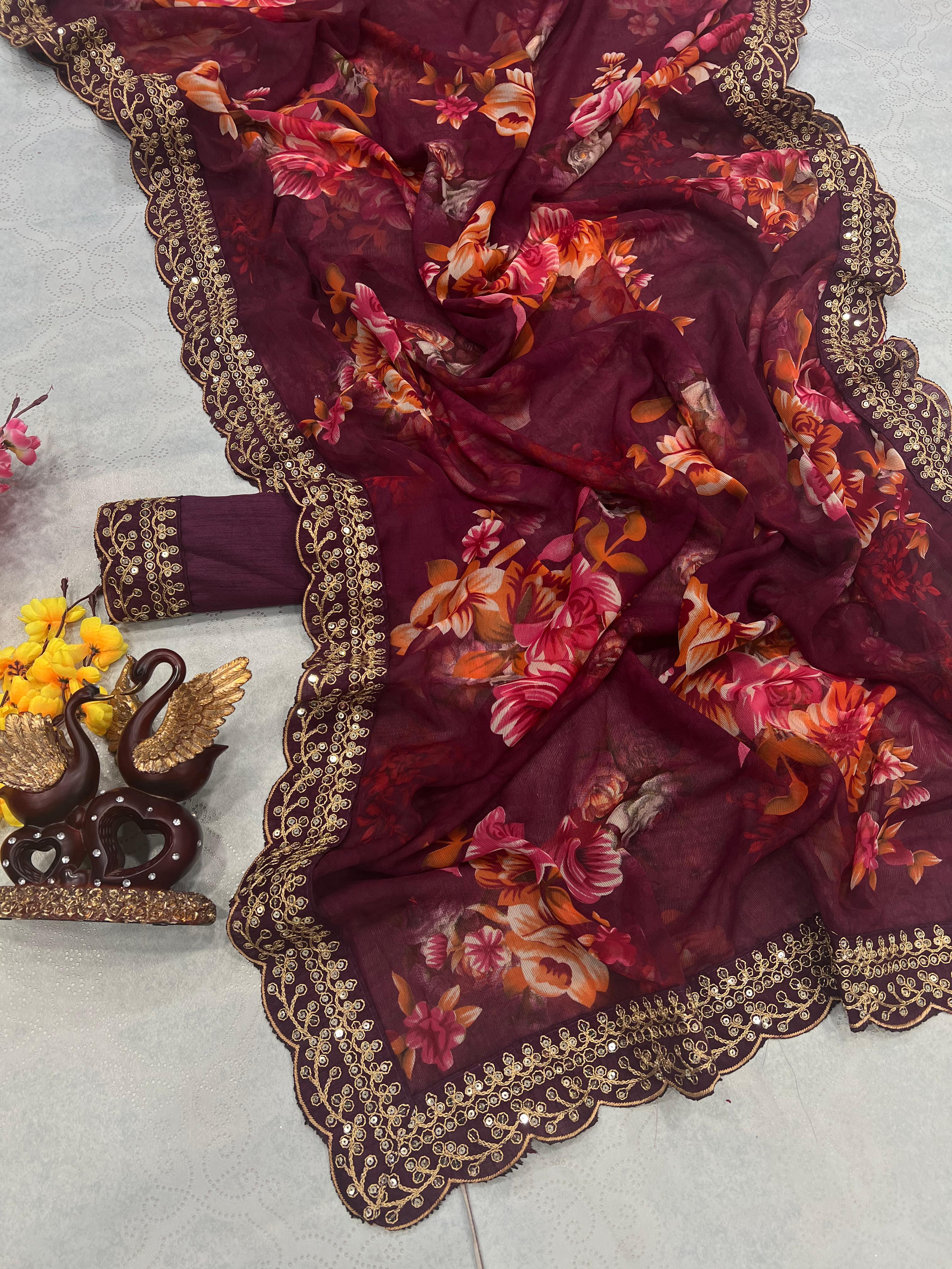 Beautiful Floral Print Design Wine Color Saree