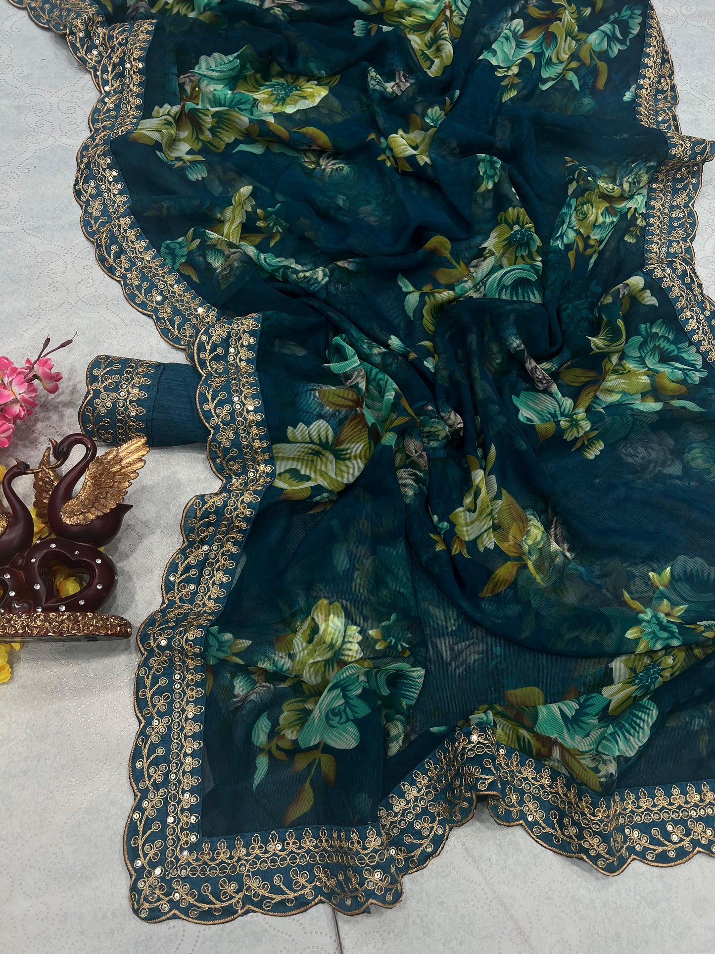 Beautiful Floral Print Design Teal Blue Color Saree