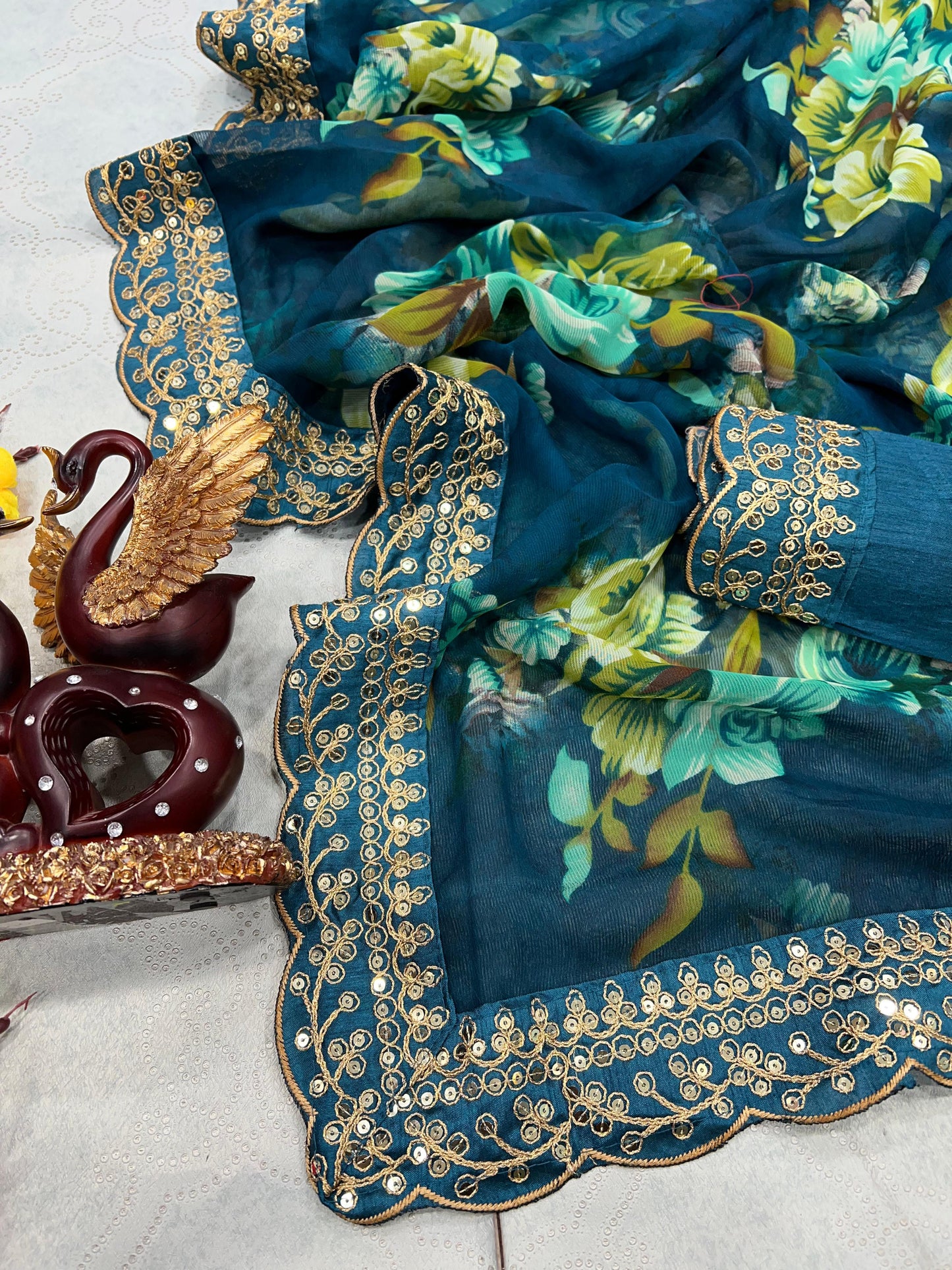 Beautiful Floral Print Design Teal Blue Color Saree