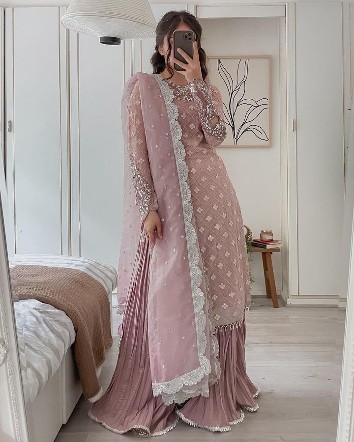 Mirror Sequence Work Dusty Pink Color Sharara Suit