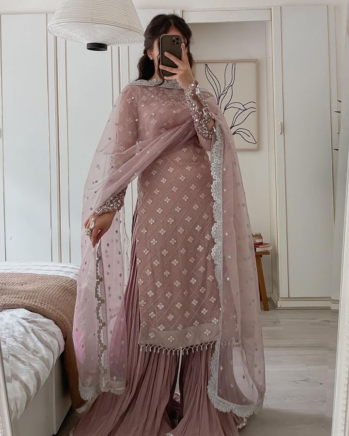 Mirror Sequence Work Dusty Pink Color Sharara Suit