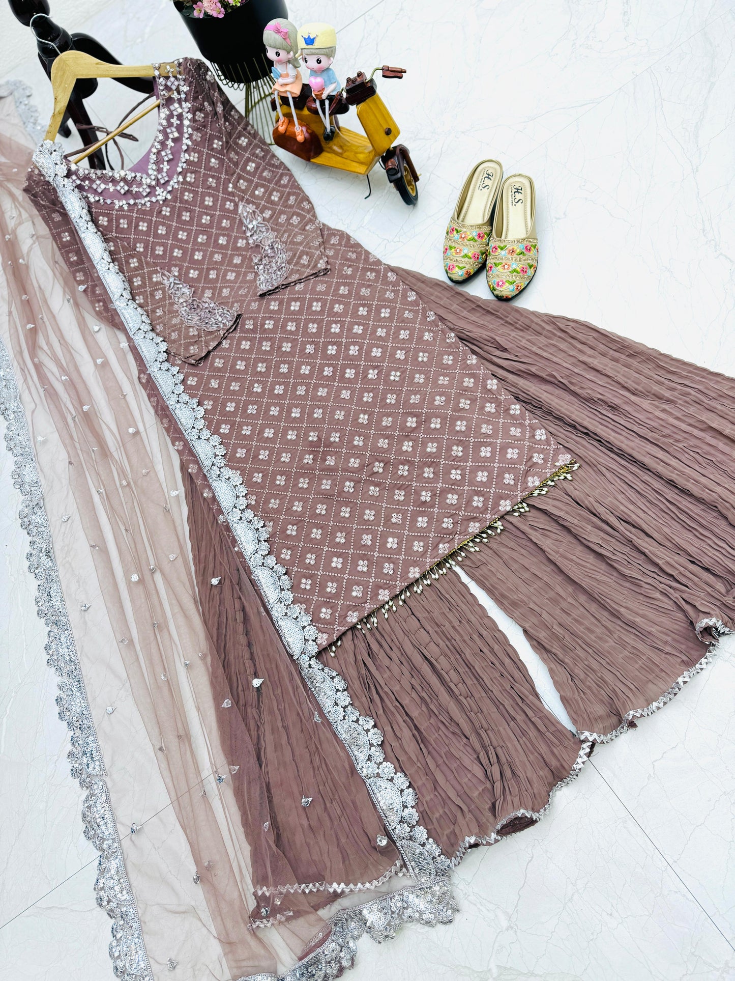 Mirror Sequence Work Dusty Pink Color Sharara Suit